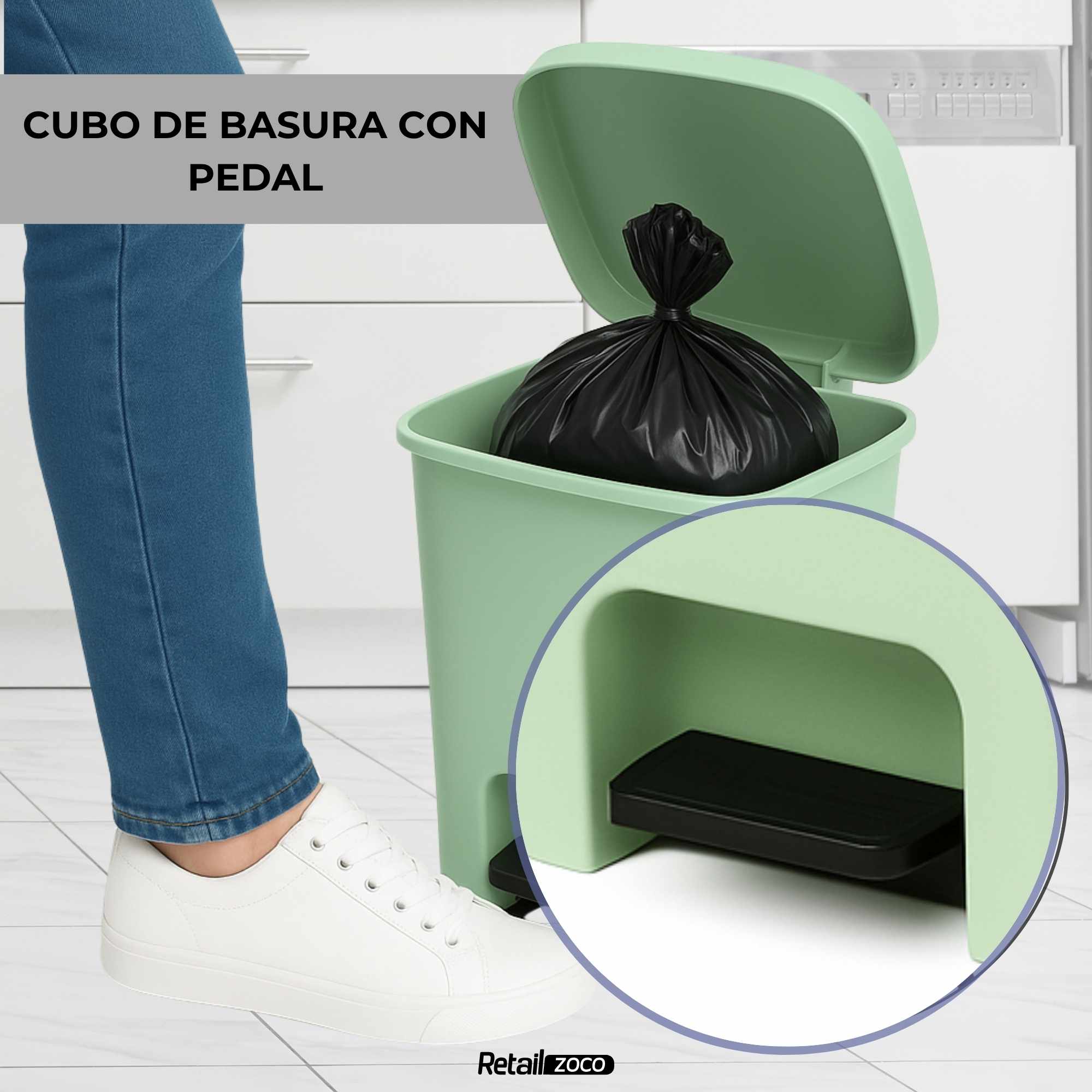 Cubo basura plastico apertura pedal moderno 27 Litros Verde Claro - imagen 5