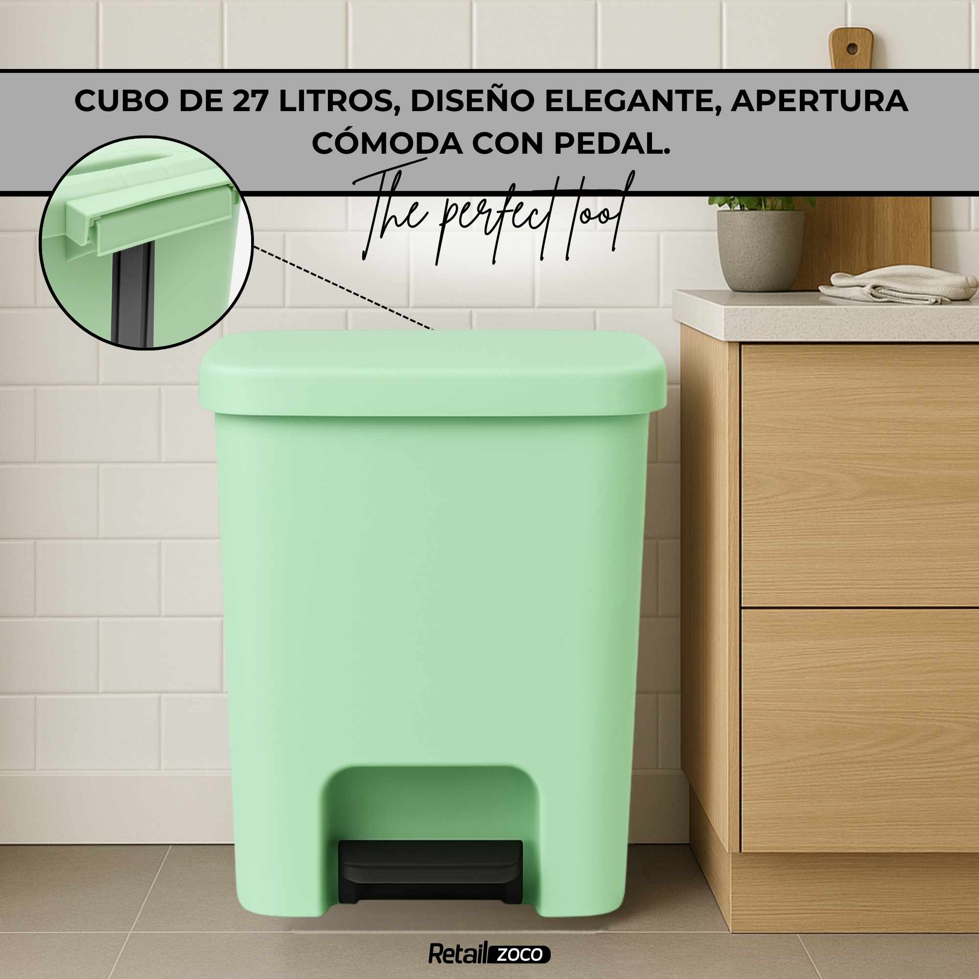 Cubo basura plastico apertura pedal moderno 27 Litros Verde Claro - imagen 6