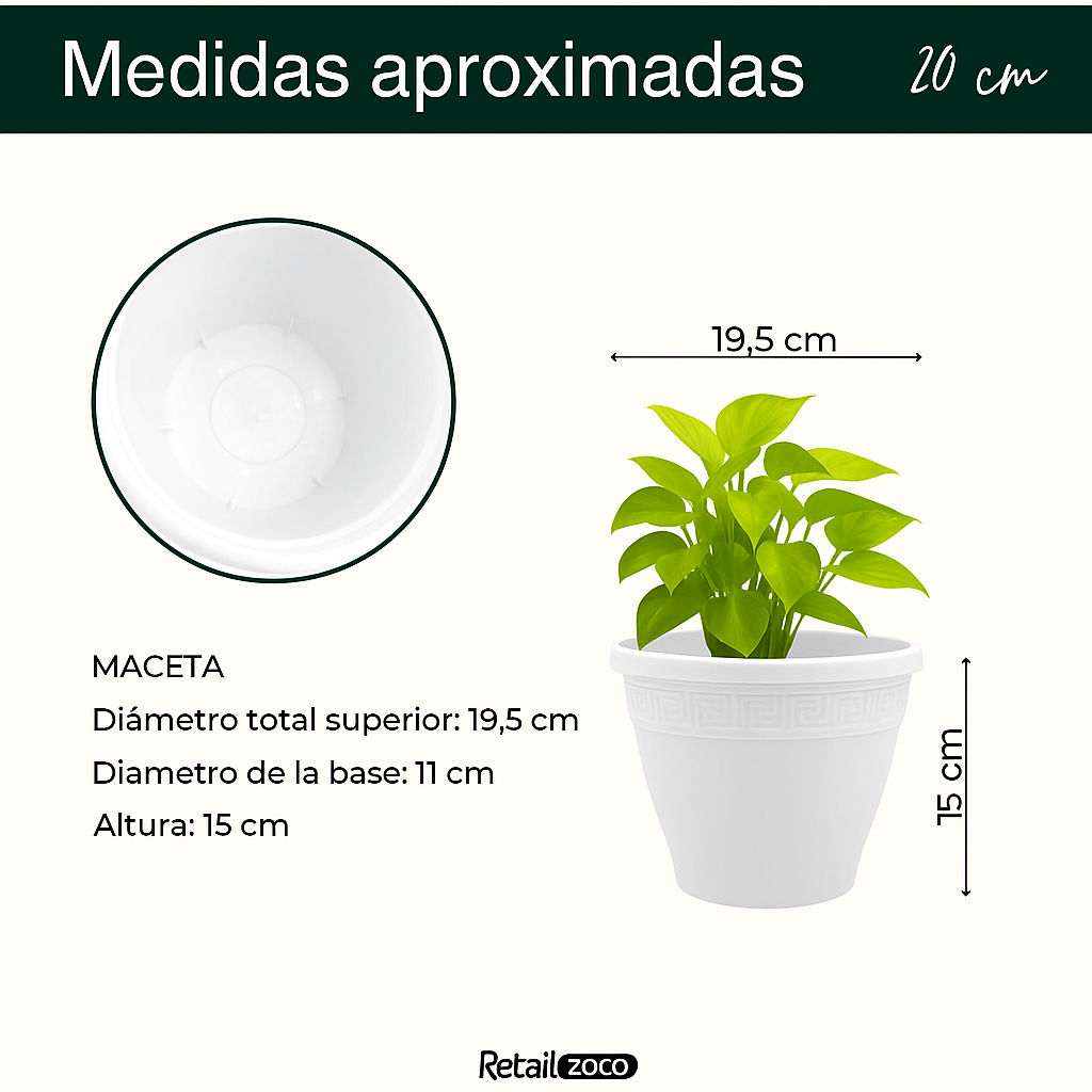 Macetero redondo de plastico 20 cm Blanco - imagen 6