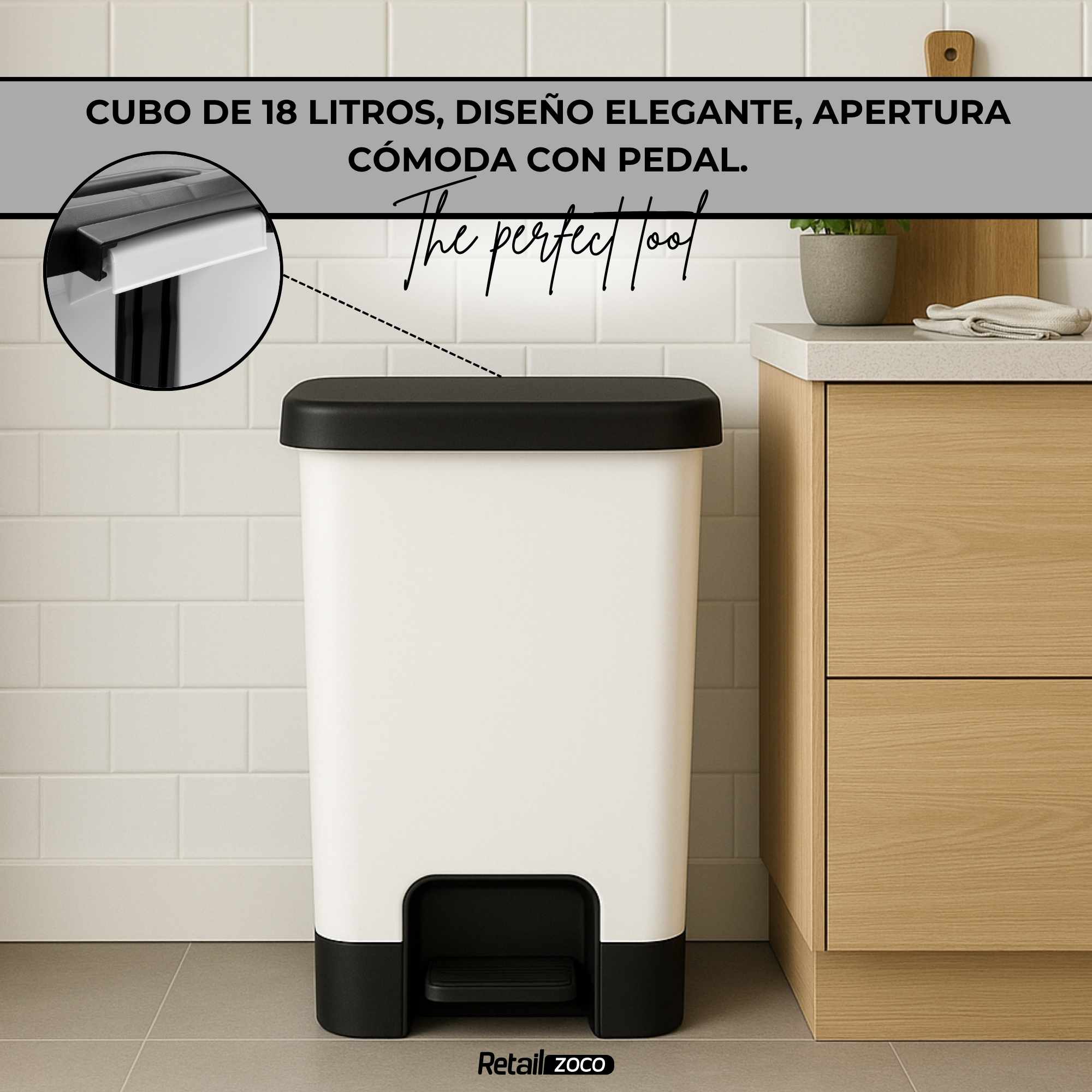 Cubo basura plastico apertura pedal moderno 18 Litros Blanco tapa negra - imagen 3