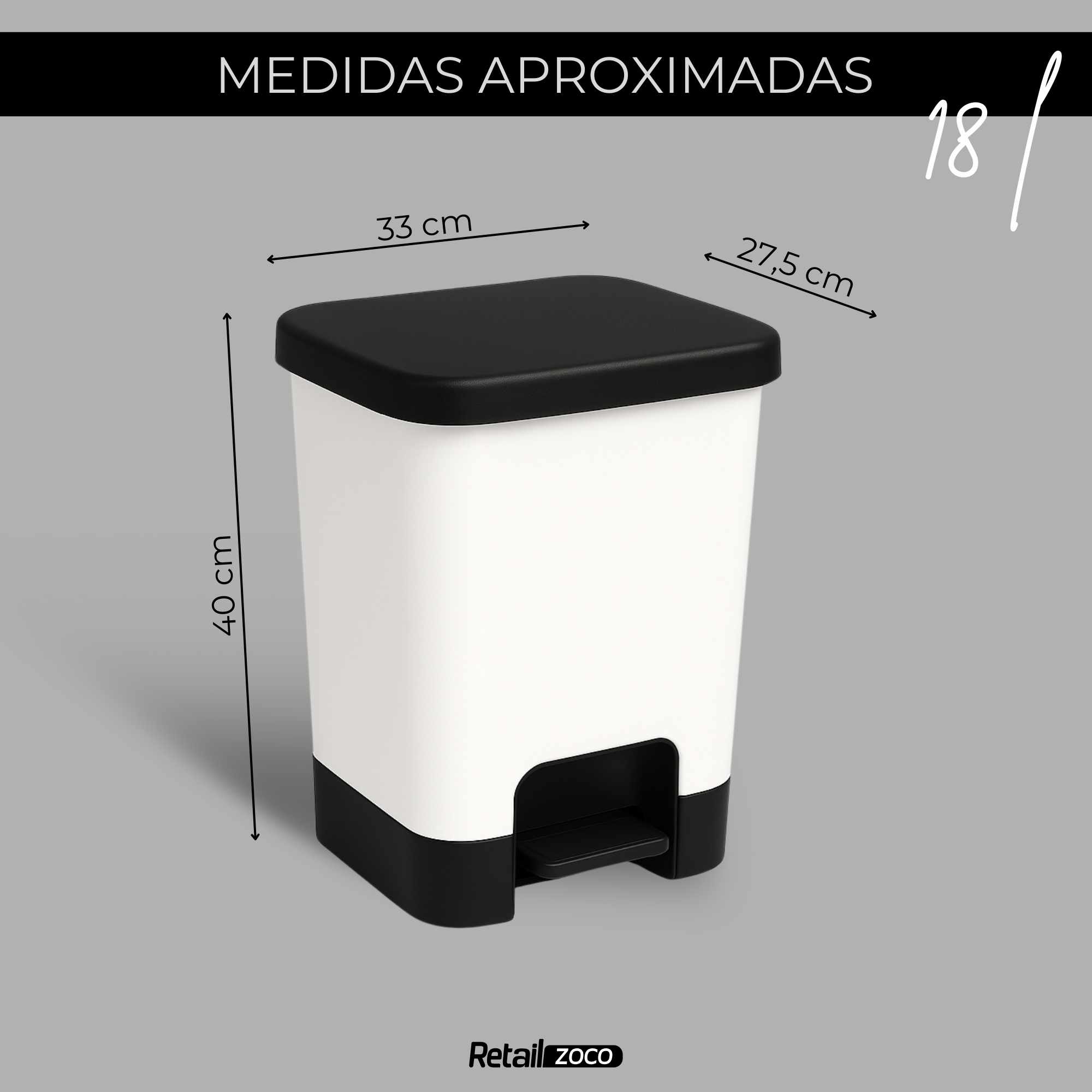 Cubo basura plastico apertura pedal moderno 18 Litros Blanco tapa negra - imagen 5