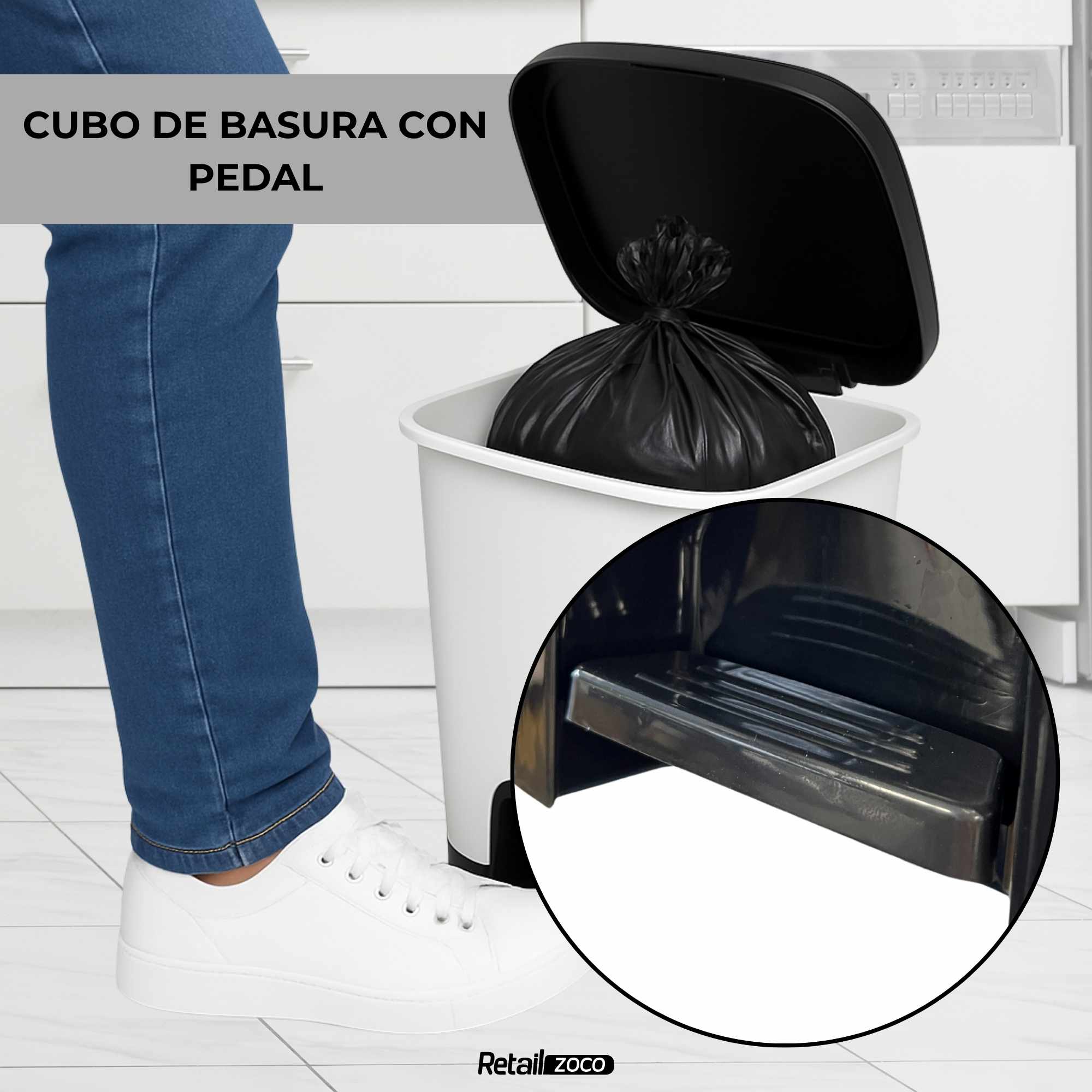 Cubo basura plastico apertura pedal moderno 18 Litros Blanco tapa negra - imagen 6