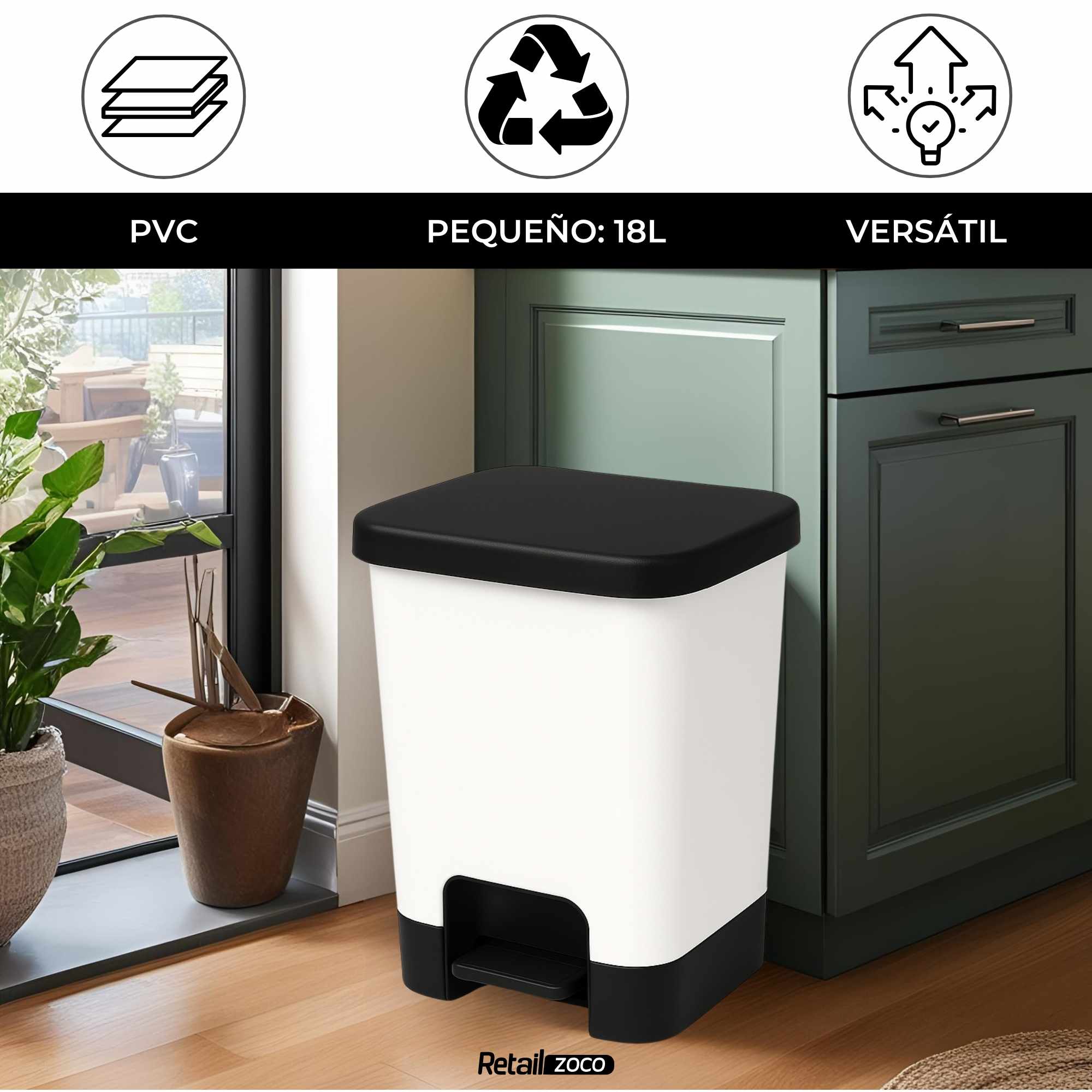 Cubo basura plastico apertura pedal moderno 18 Litros Blanco tapa negra - imagen 2