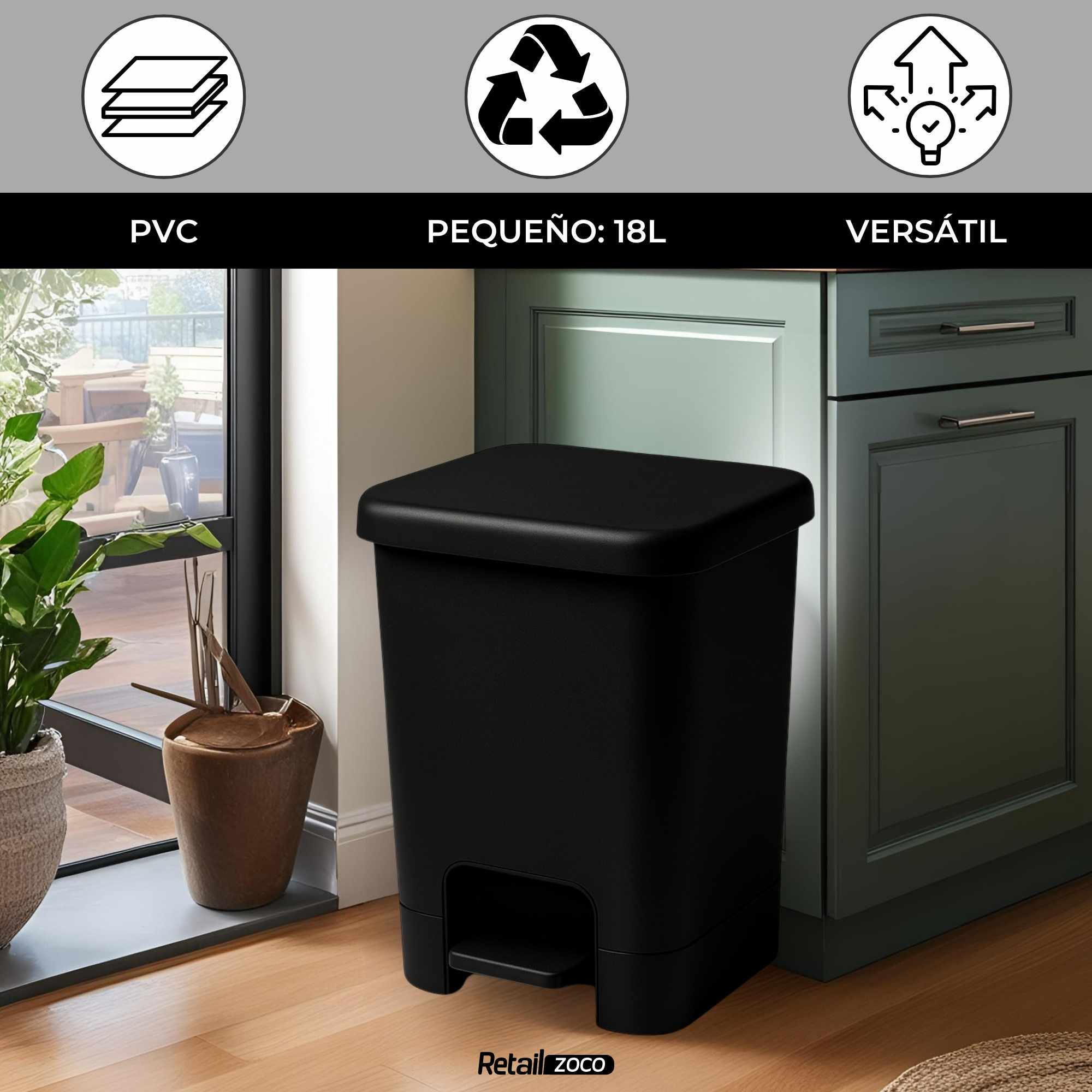 Cubo basura plastico apertura pedal moderno 18 Litros negro - imagen 2