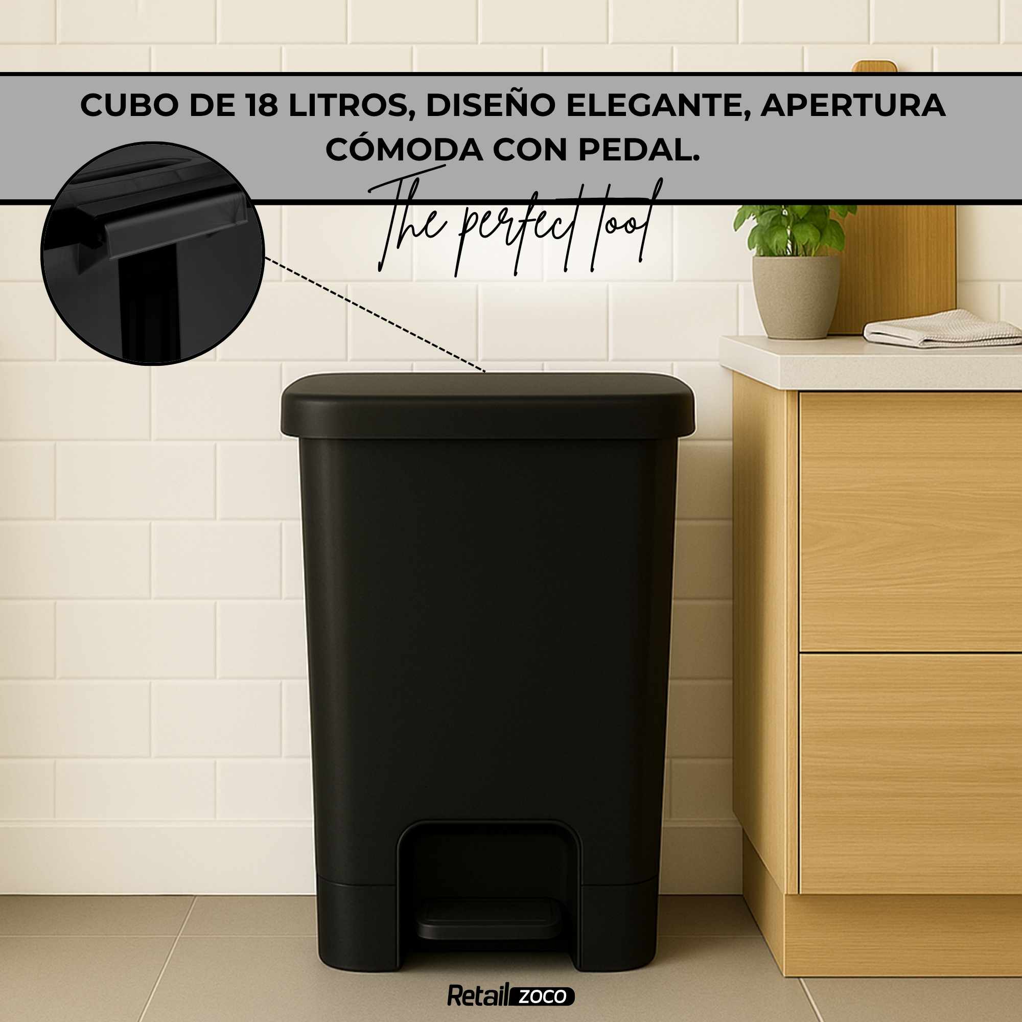 Cubo basura plastico apertura pedal moderno 18 Litros negro - imagen 5