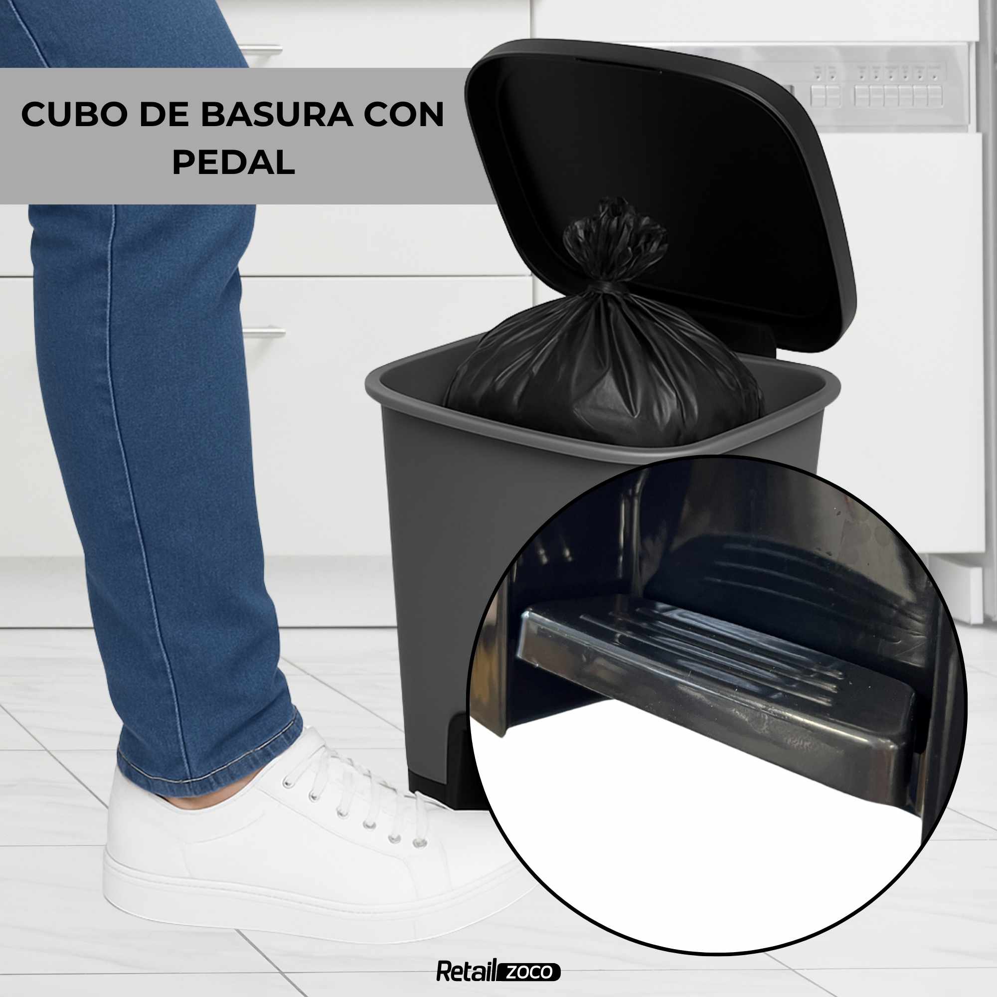 Cubo basura plastico apertura pedal moderno 18 Litros Gris tapa negra - imagen 6