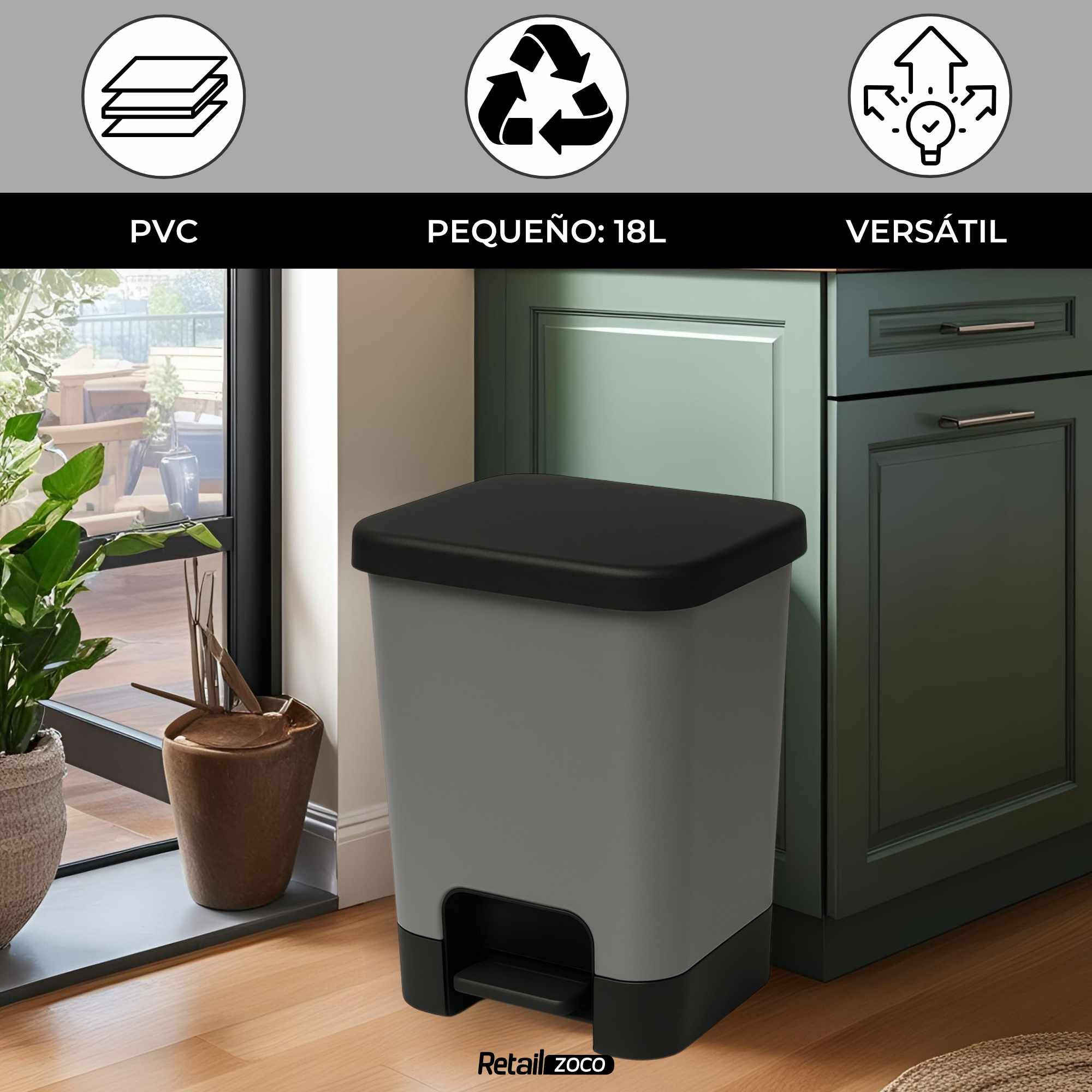 Cubo basura plastico apertura pedal moderno 18 Litros Gris tapa negra - imagen 2