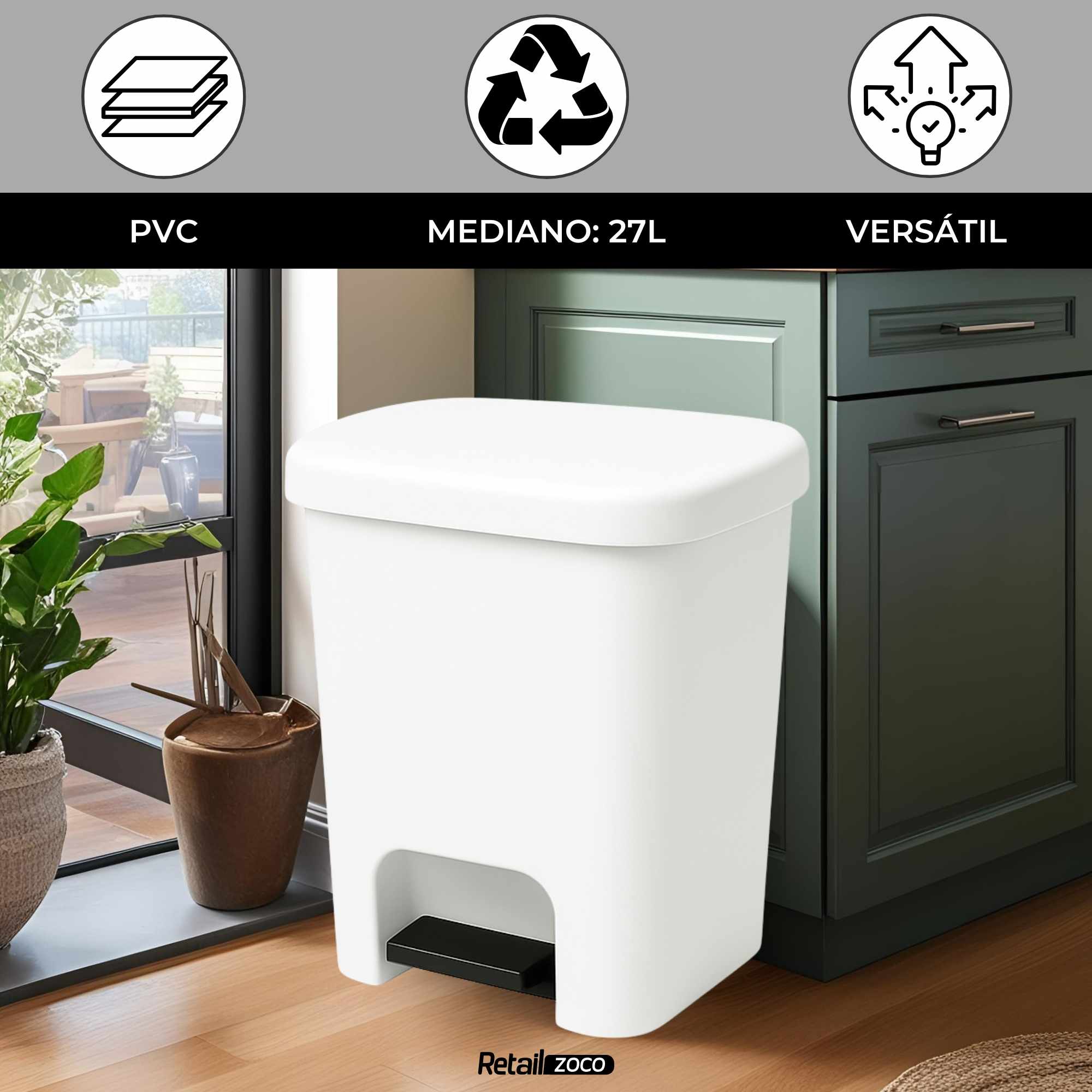 Cubo basura plastico apertura pedal moderno 27 Litros blanco - imagen 2