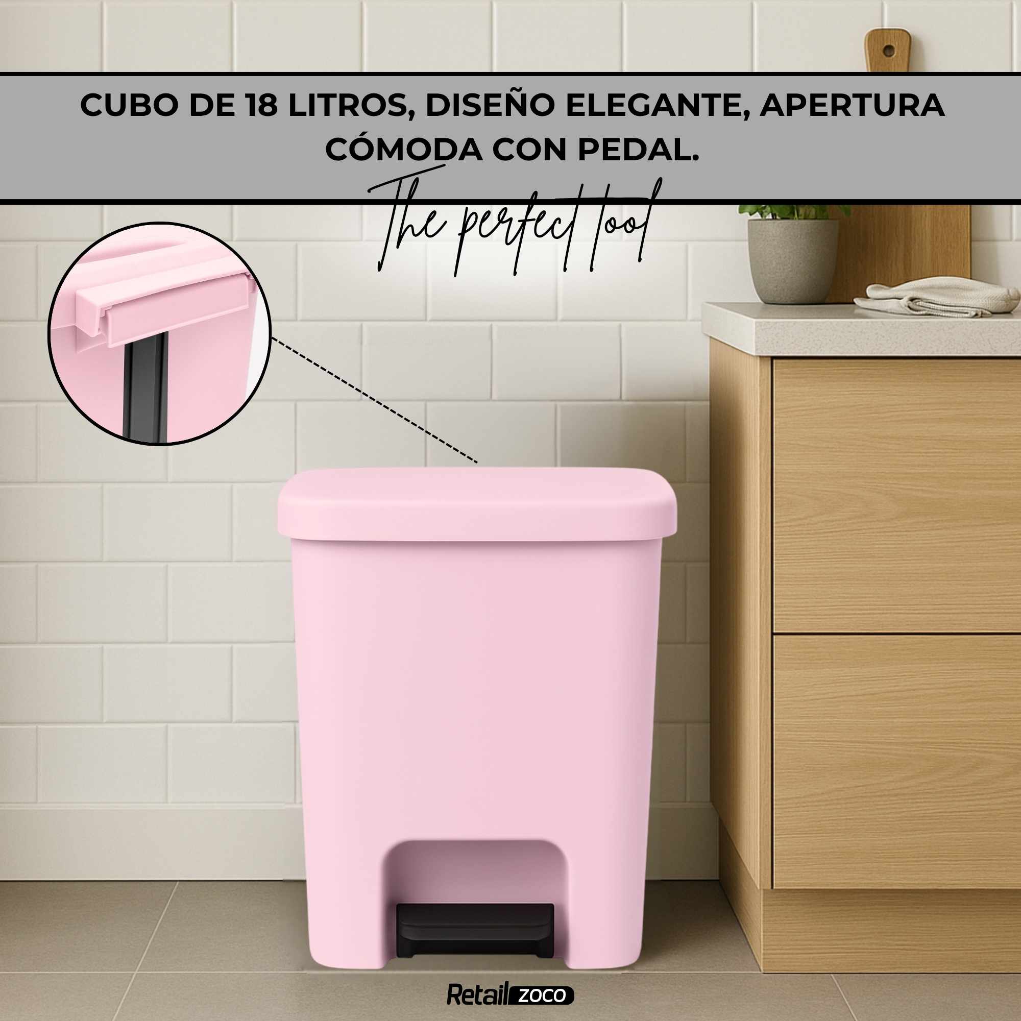 Cubo basura plastico apertura pedal moderno 18 Litros Rosa Claro - imagen 3