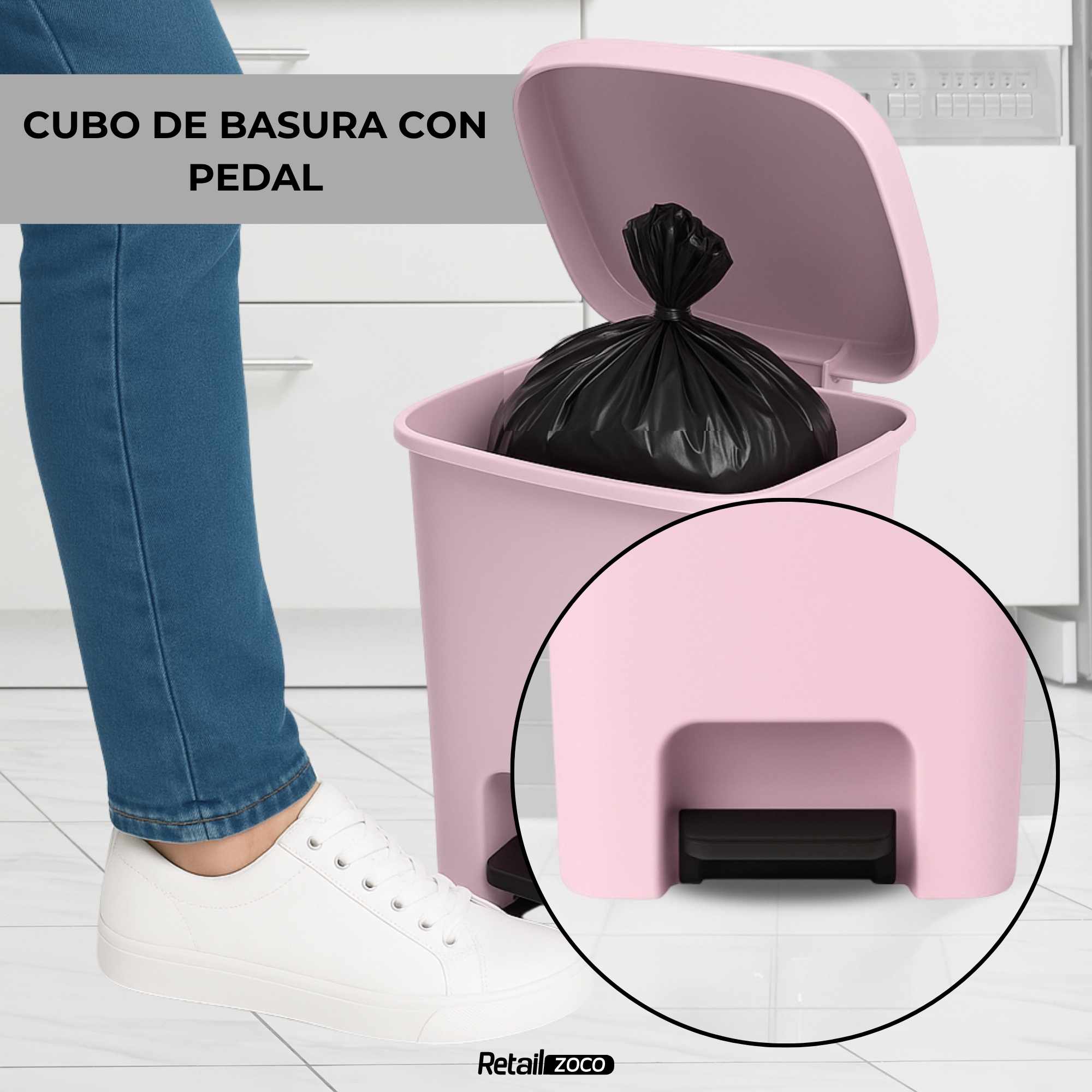 Cubo basura plastico apertura pedal moderno 18 Litros Rosa Claro - imagen 5