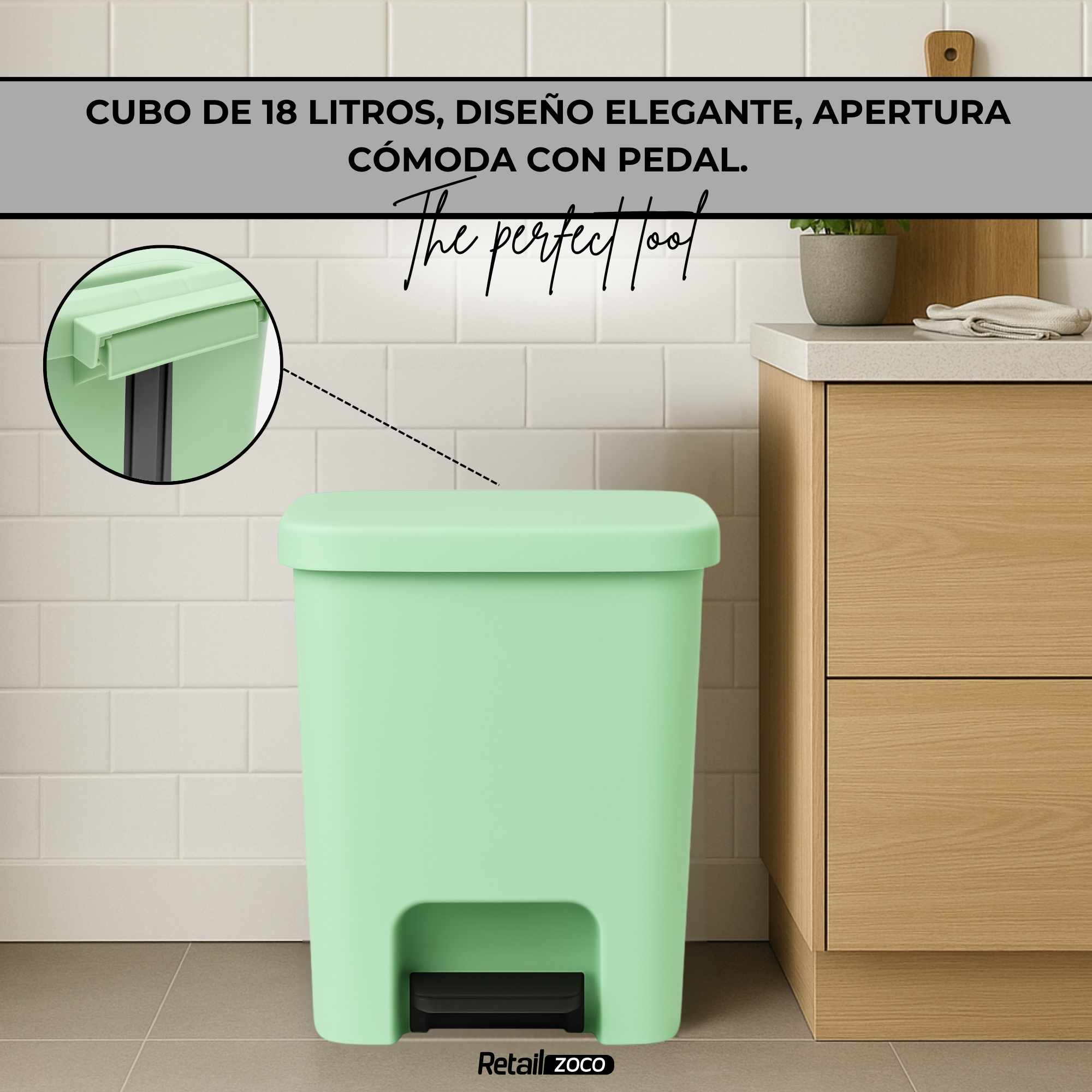 Cubo basura plastico apertura pedal moderno 18 Litros Verde Claro - imagen 3