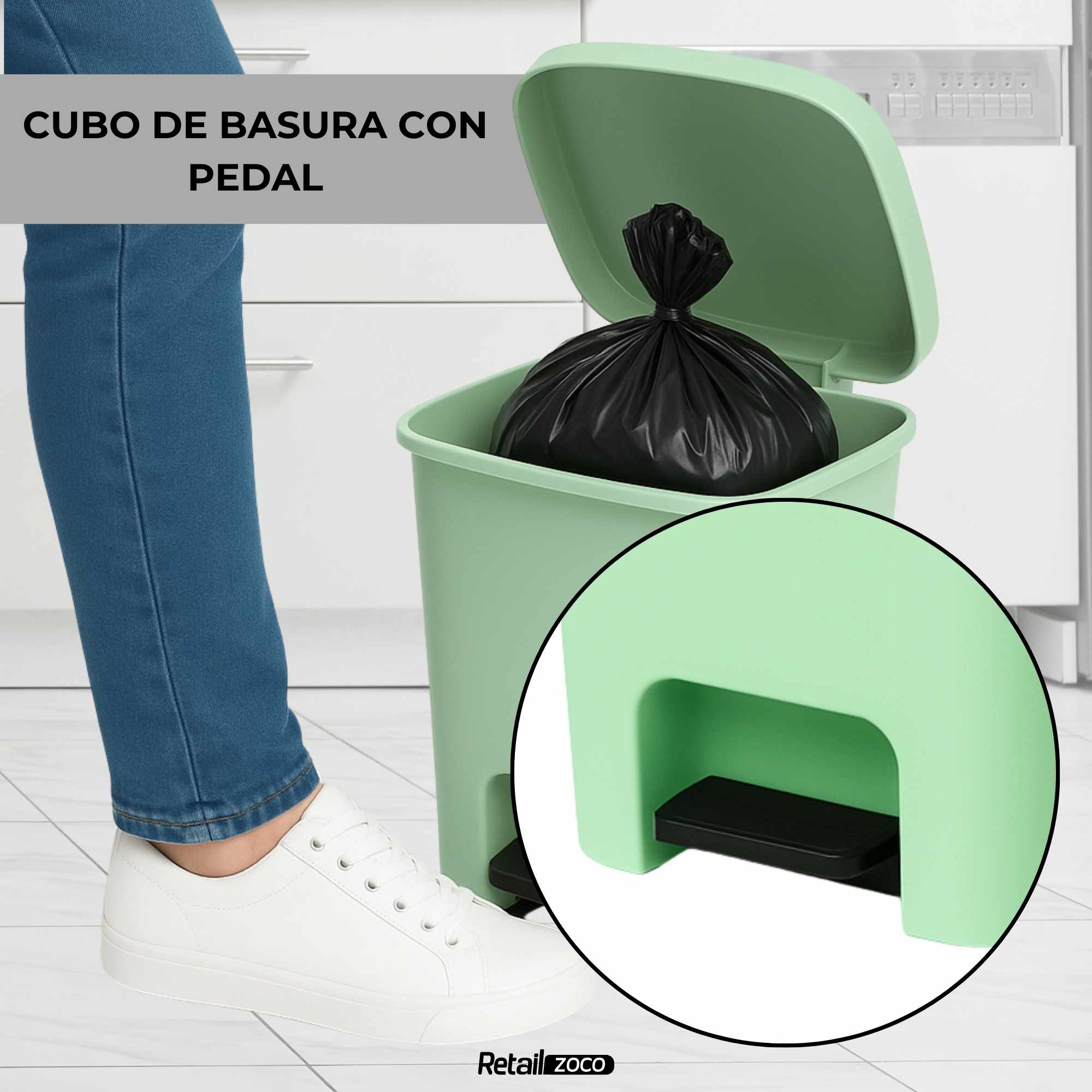Cubo basura plastico apertura pedal moderno 18 Litros Verde Claro - imagen 6