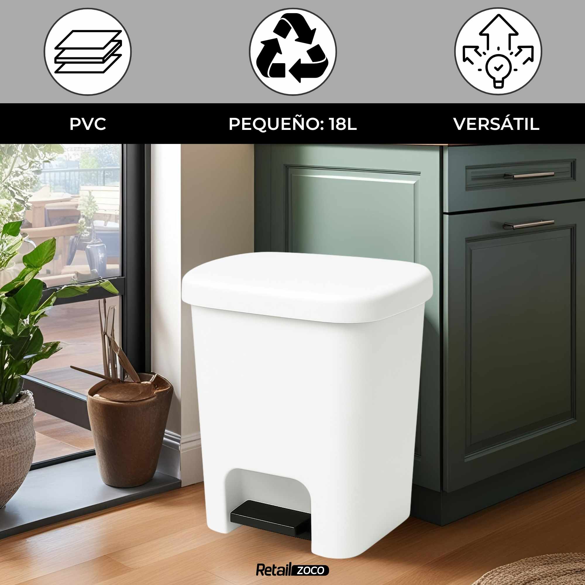 Cubo basura plastico apertura pedal moderno 18 Litros blanco - imagen 2