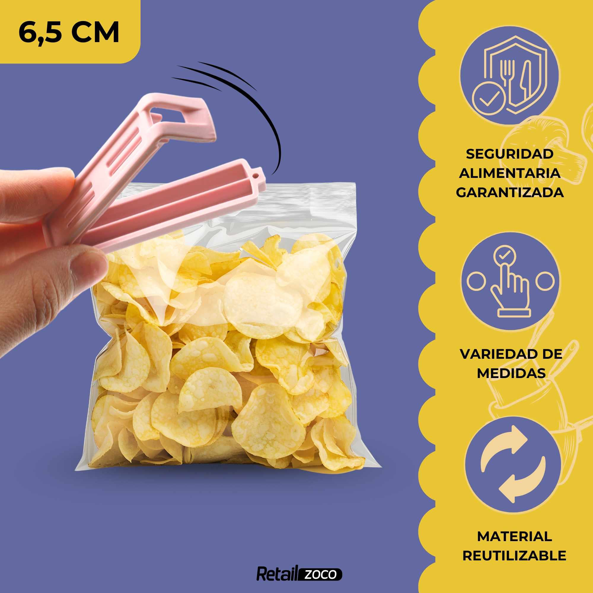 Pinzas cierra Bolsas Alimentos 6.5 cm Pack 6 unidades color pastel - imagen 3