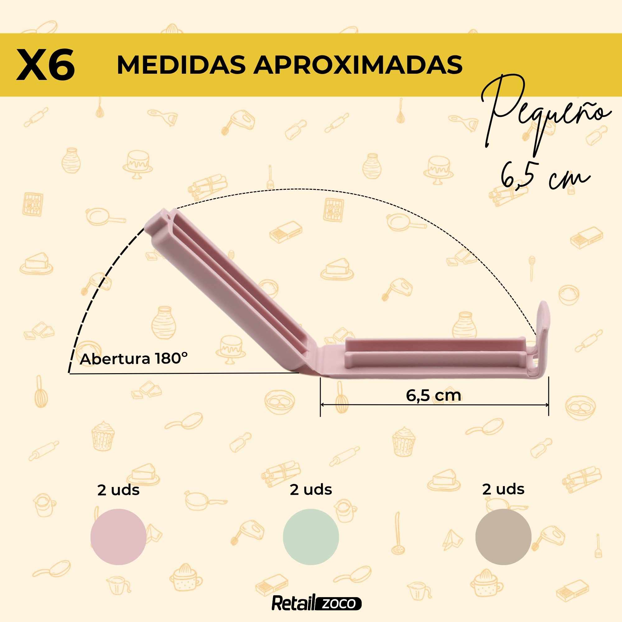 Pinzas cierra Bolsas Alimentos 6.5 cm Pack 6 unidades color pastel - imagen 4