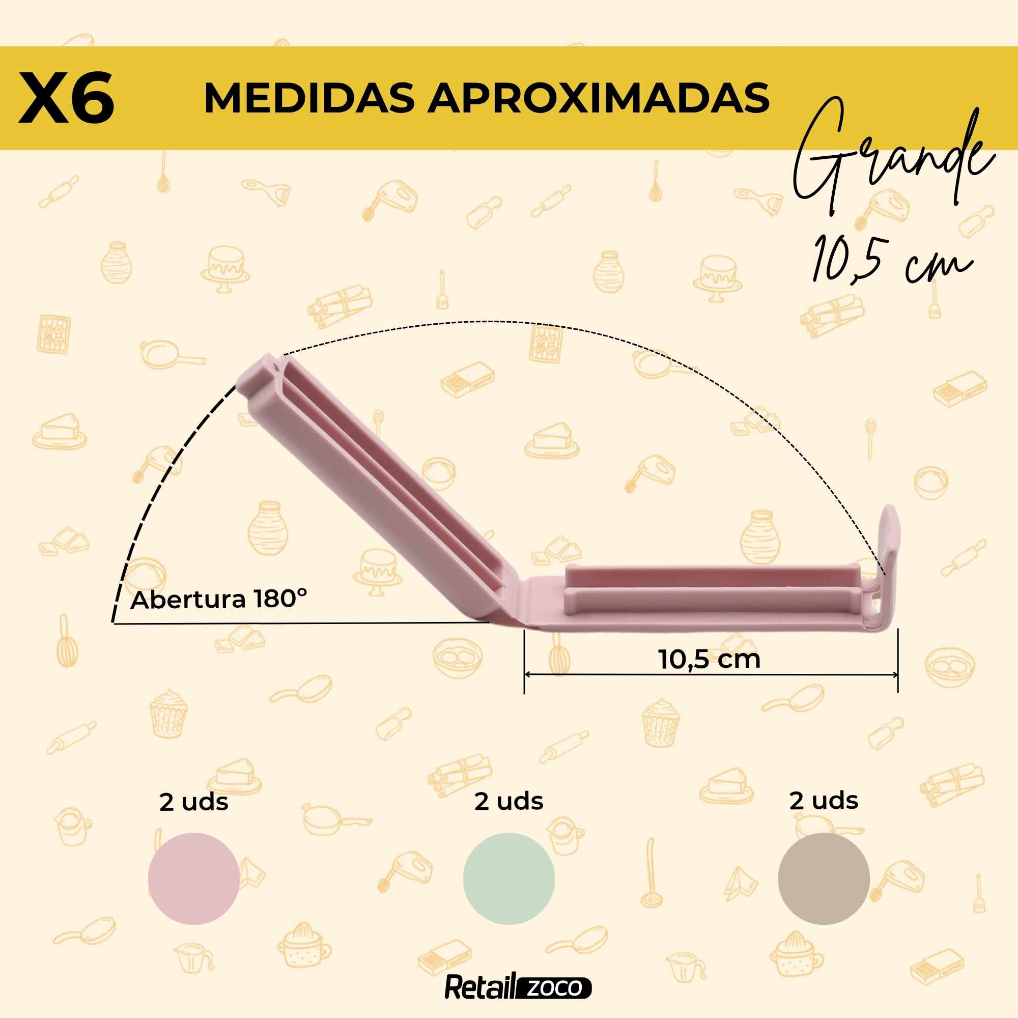 Pinzas cierra Bolsas Alimentos 10.5 cm Pack 6 unidades color pastel - imagen 4