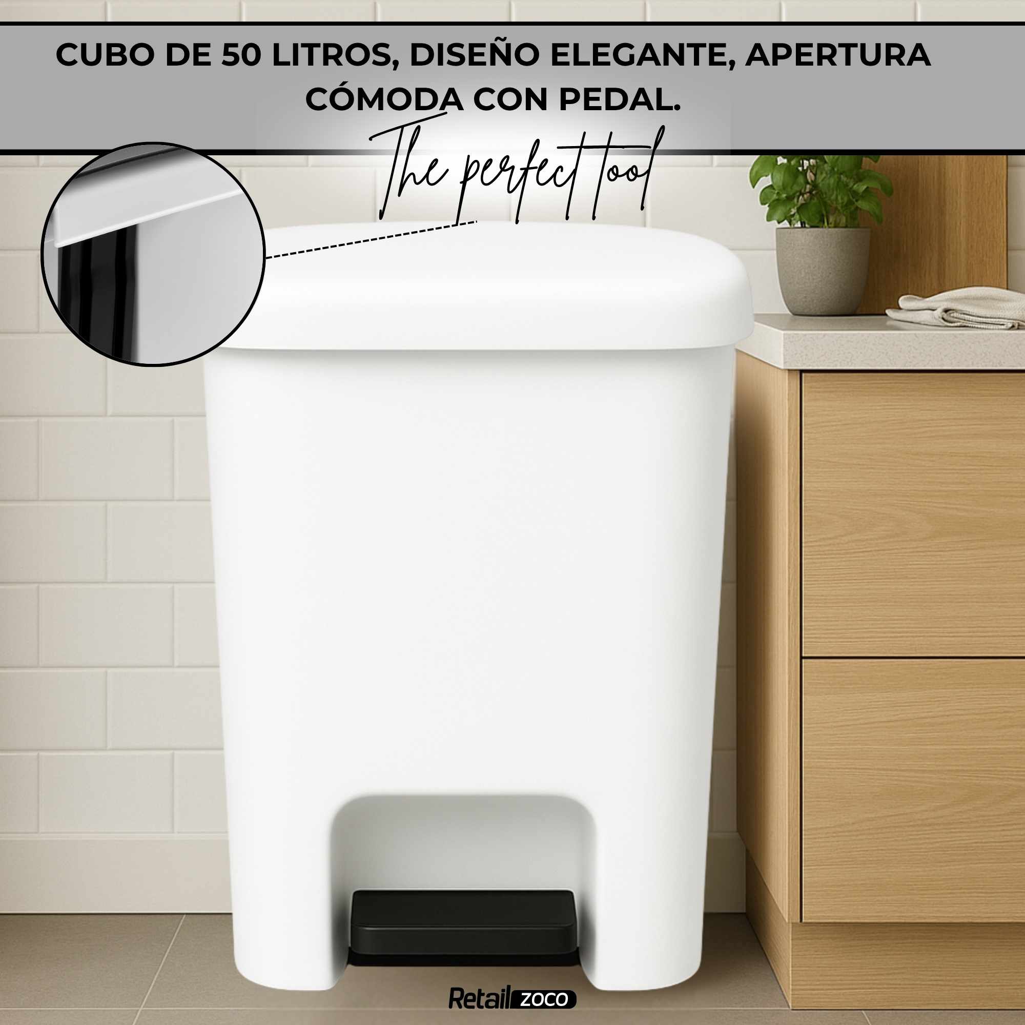 Cubo basura plastico apertura pedal moderno 50 Litros blanco - imagen 6