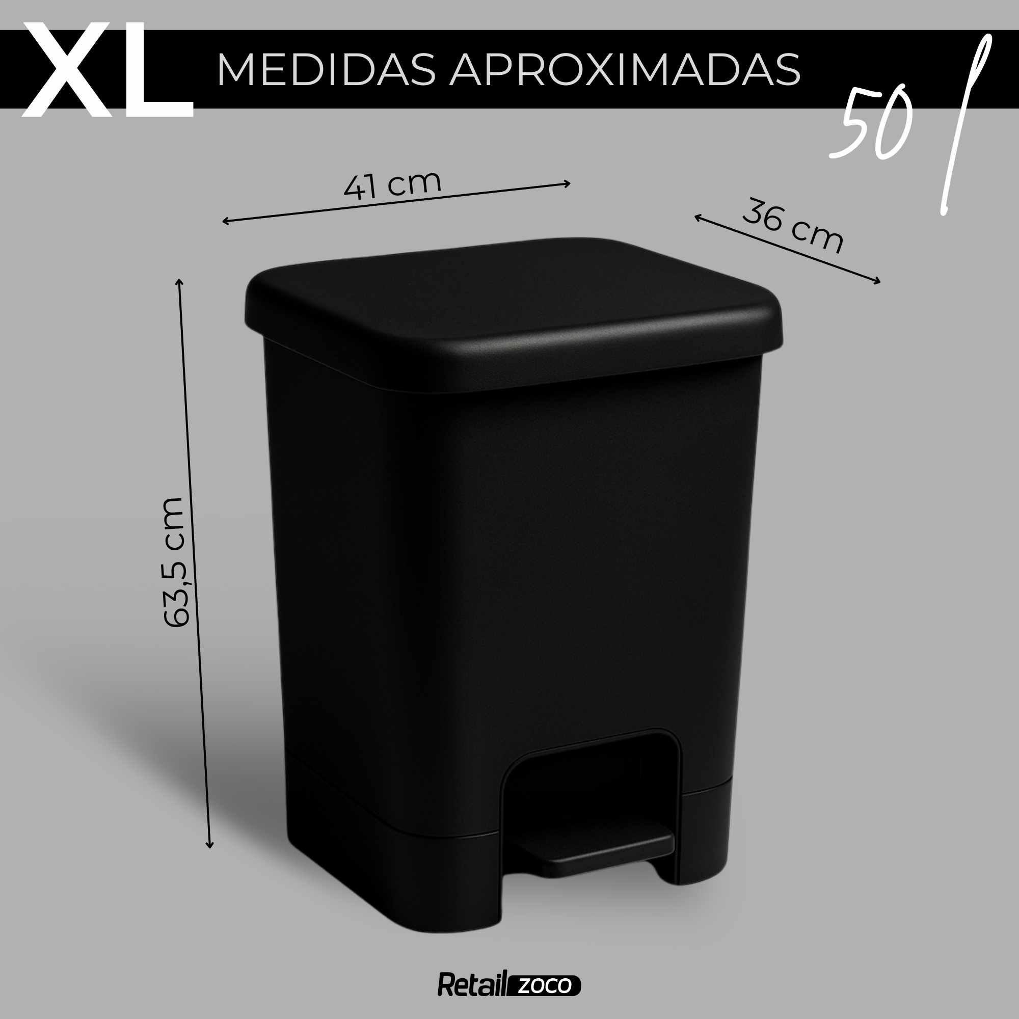 Cubo basura plastico apertura pedal moderno 50 Litros negro - imagen 2