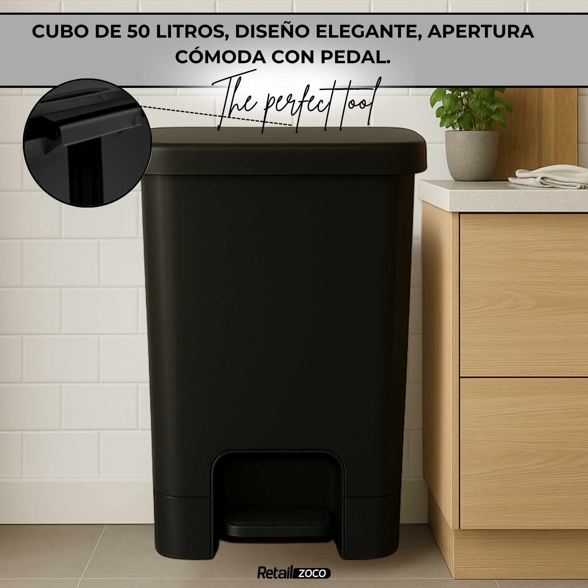 Cubo basura plastico apertura pedal moderno 50 Litros negro - imagen 6