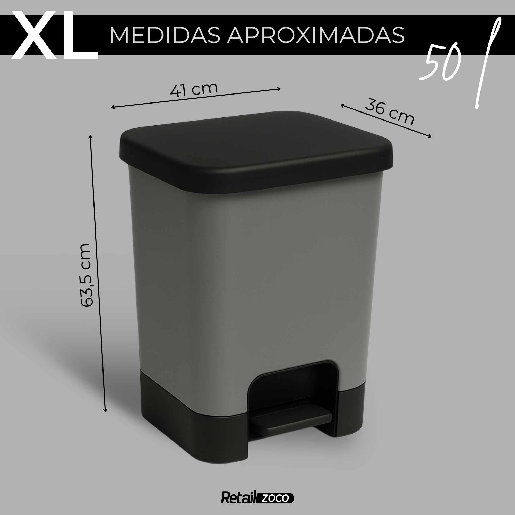 Cubo basura plastico apertura pedal moderno 50 Litros Gris tapa negra - imagen 3