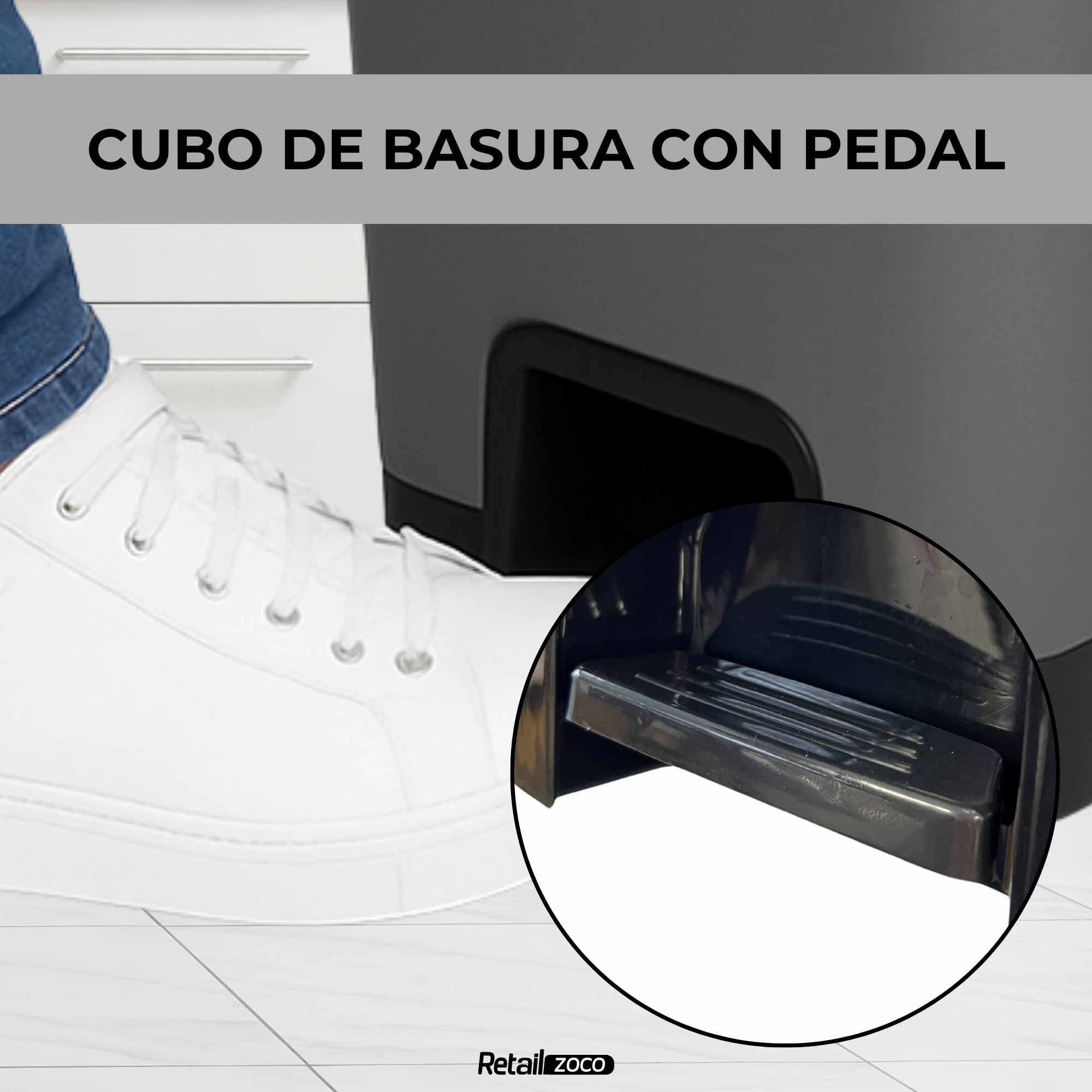 Cubo basura plastico apertura pedal moderno 50 Litros Gris tapa negra - imagen 5