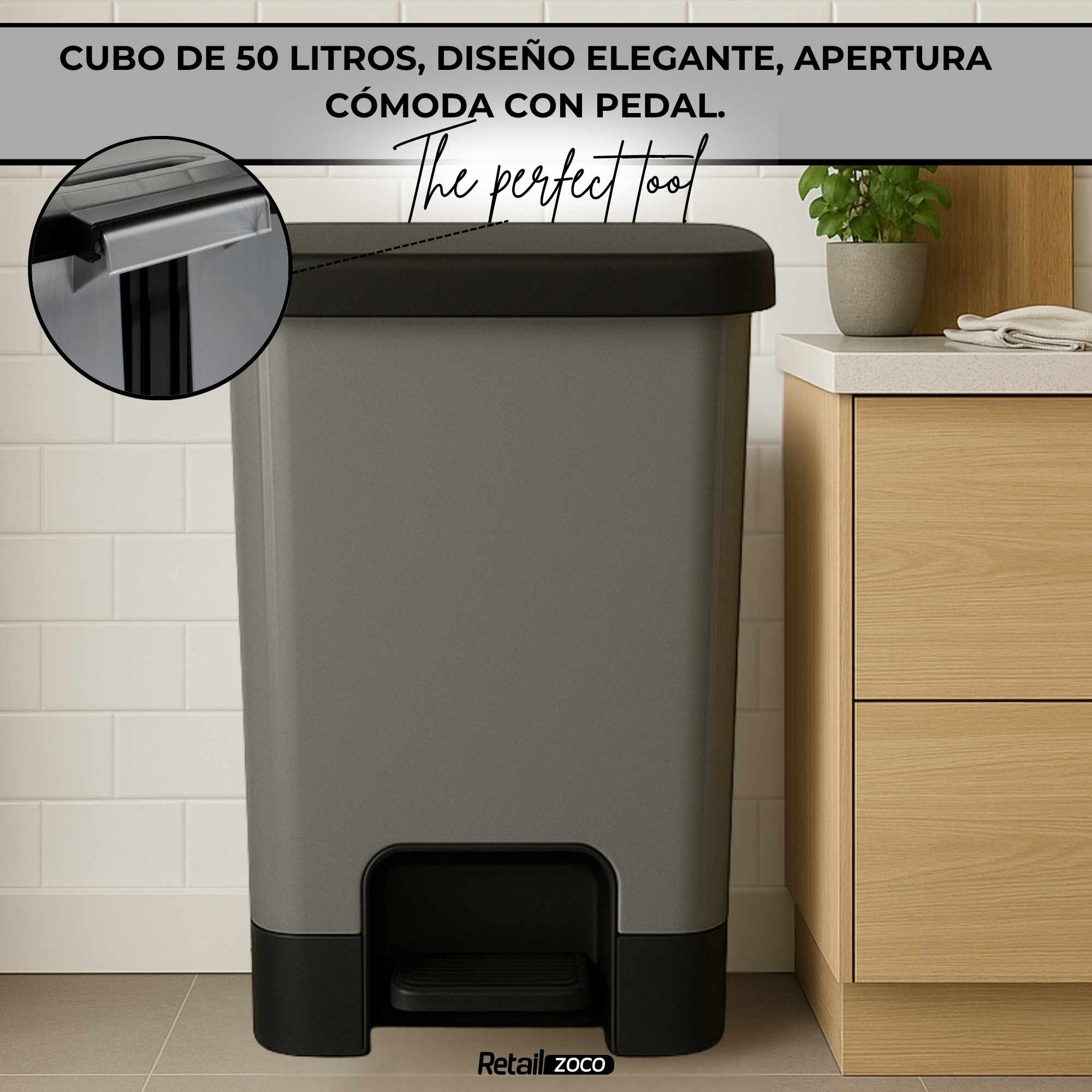 Cubo basura plastico apertura pedal moderno 50 Litros Gris tapa negra - imagen 6