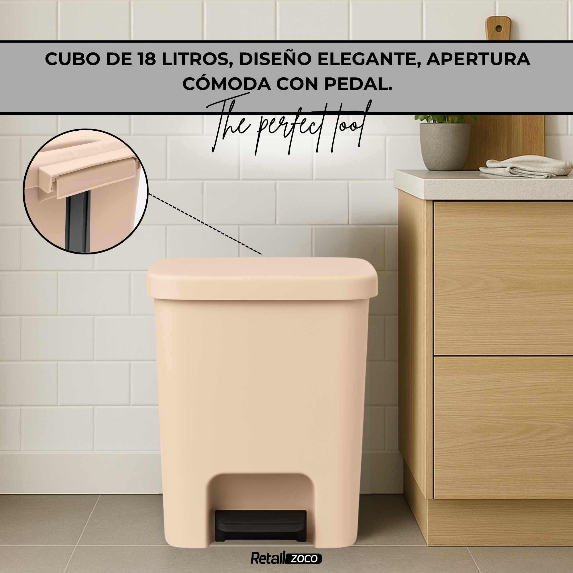 Cubo basura plastico apertura pedal moderno 18 Litros Beige - imagen 5