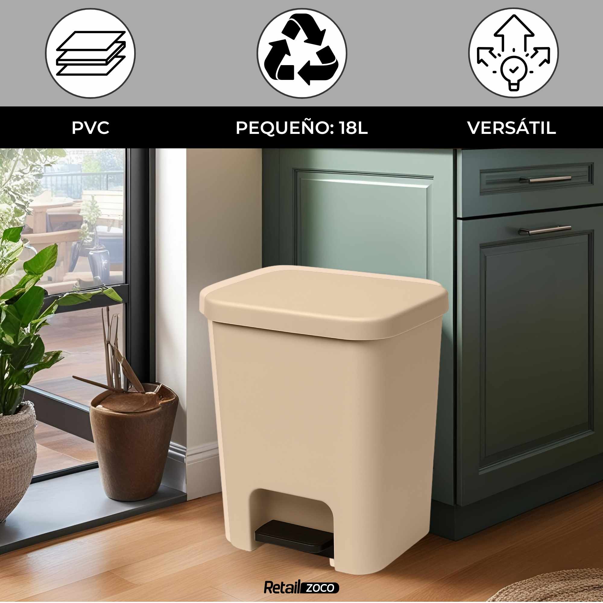 Cubo basura plastico apertura pedal moderno 18 Litros Beige - imagen 2