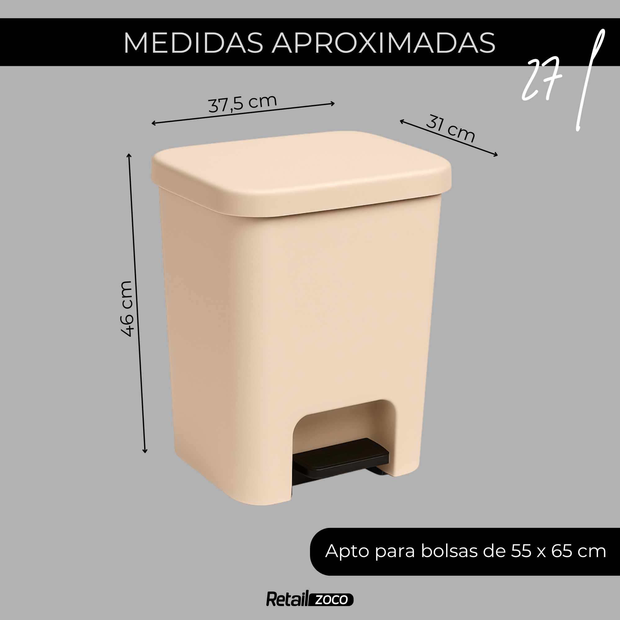 Cubo basura plastico apertura pedal moderno 27 Litros Beige - imagen 3