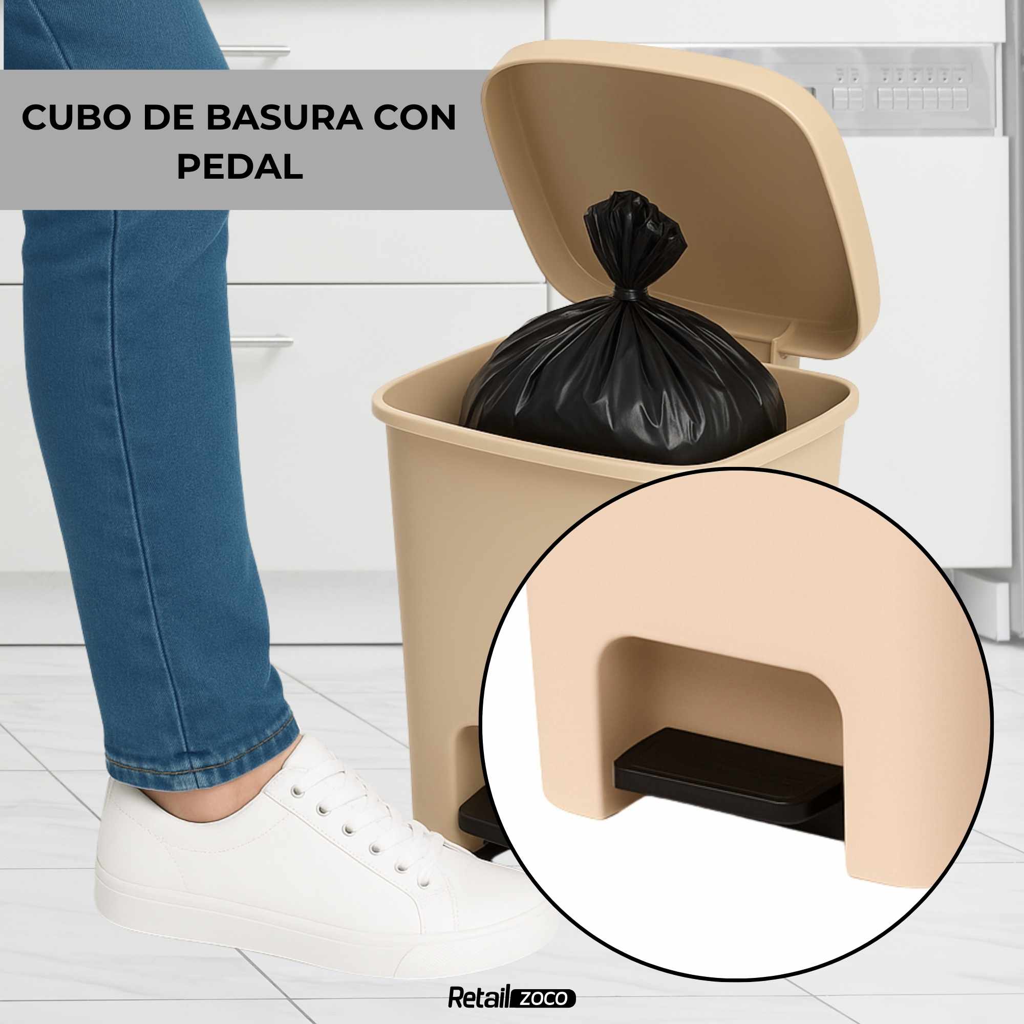 Cubo basura plastico apertura pedal moderno 27 Litros Beige - imagen 6