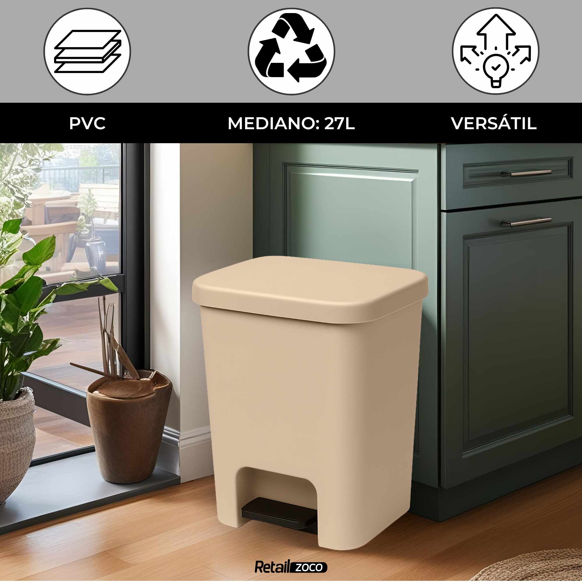 Cubo basura plastico apertura pedal moderno 27 Litros Beige - imagen 2