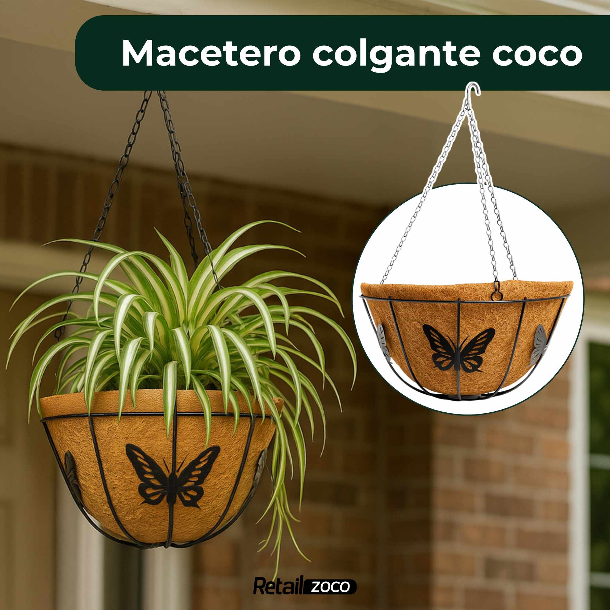 Macetero de coco colgante diámetro 35 cm mariposas - imagen 2