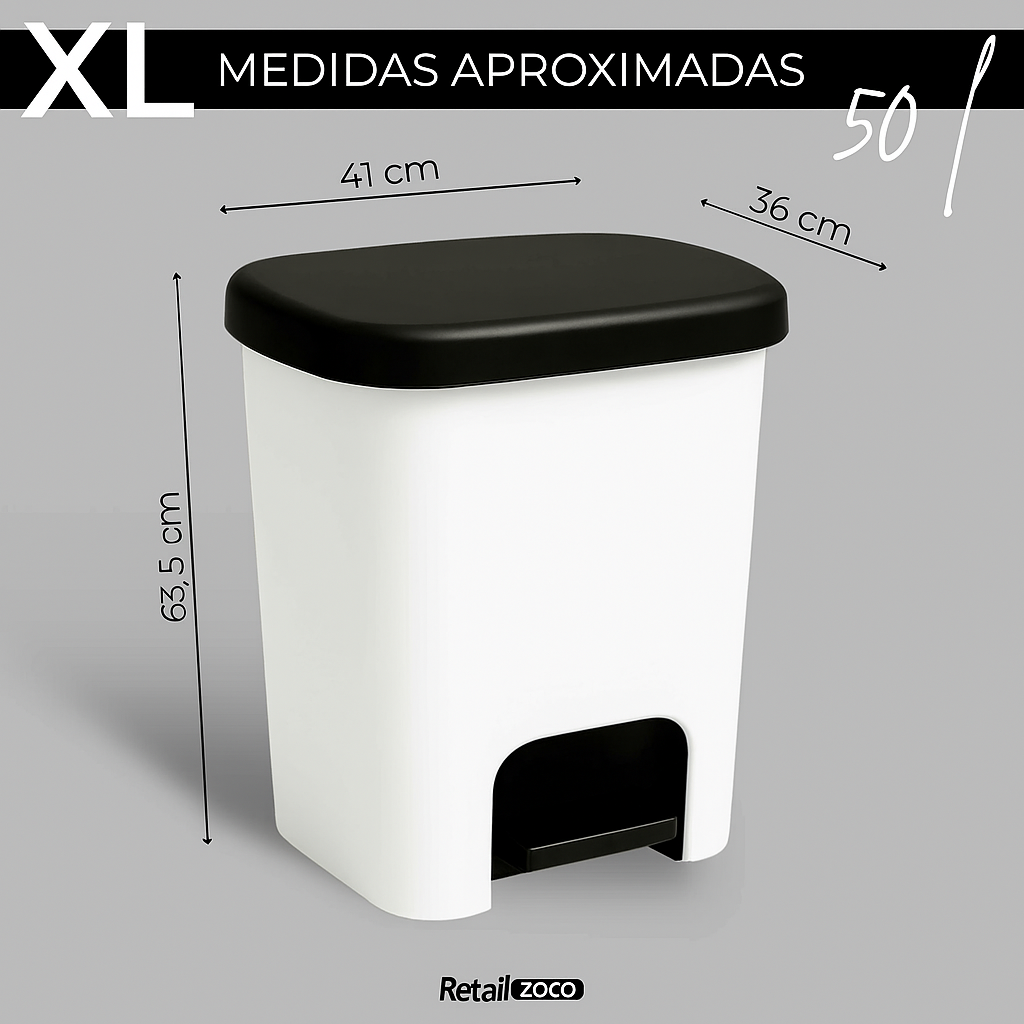 Cubo basura plastico apertura pedal moderno 50 Litros Blanco tapa negra - imagen 3