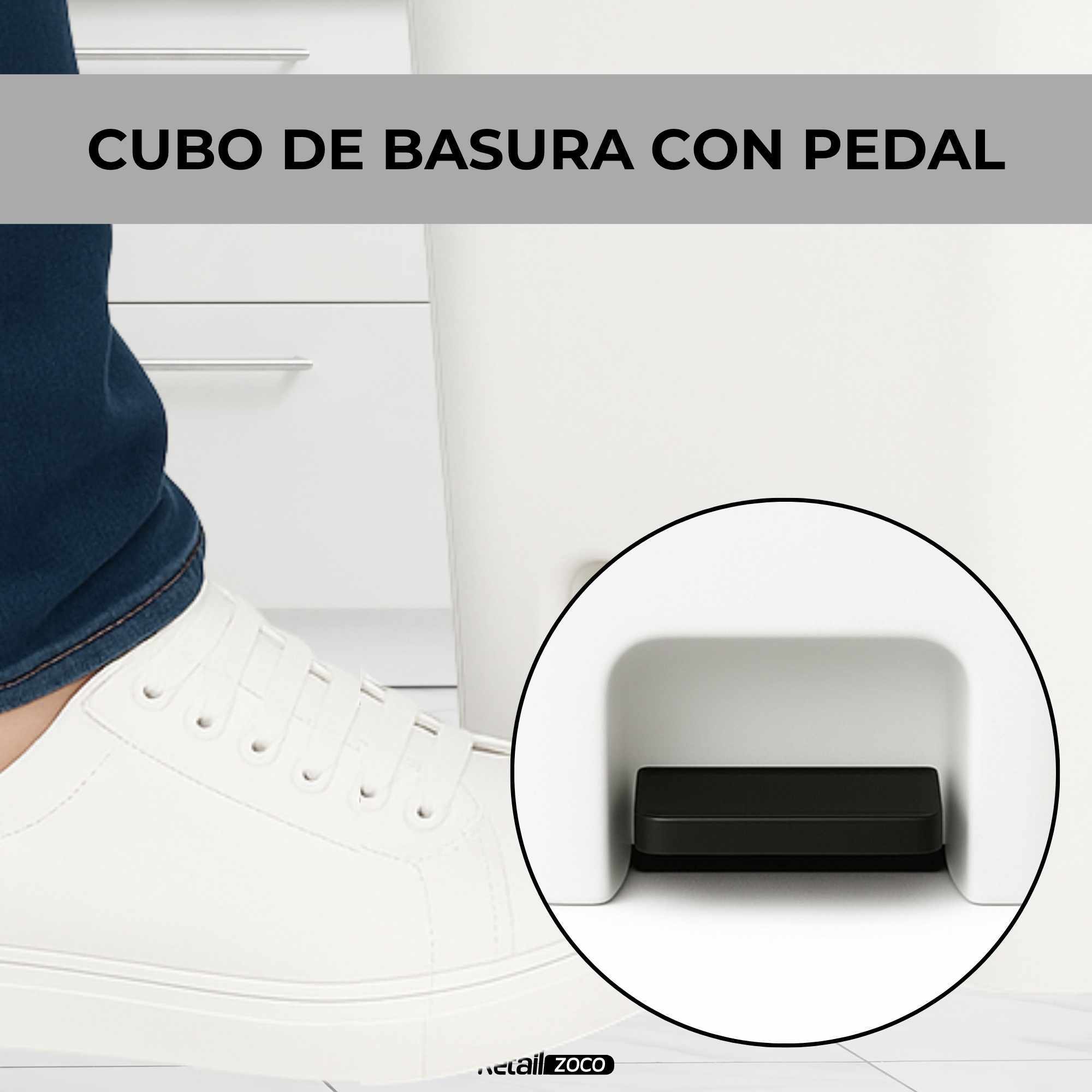 Cubo basura plastico apertura pedal moderno 50 Litros Blanco tapa negra - imagen 5