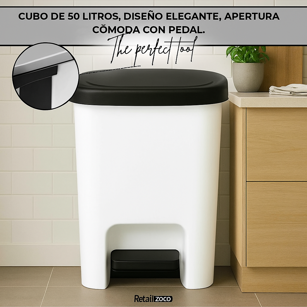 Cubo basura plastico apertura pedal moderno 50 Litros Blanco tapa negra - imagen 4