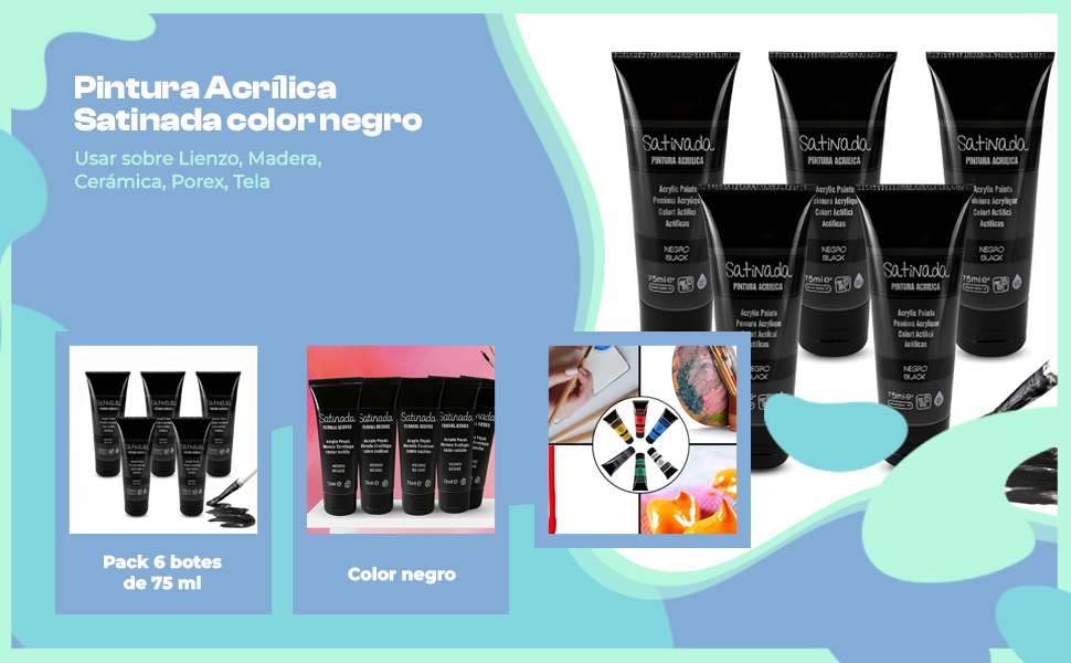 Banner - Pack Pinturas acrilicas Satinadas de Color Negro para lienzos y Manualidades 75 ml