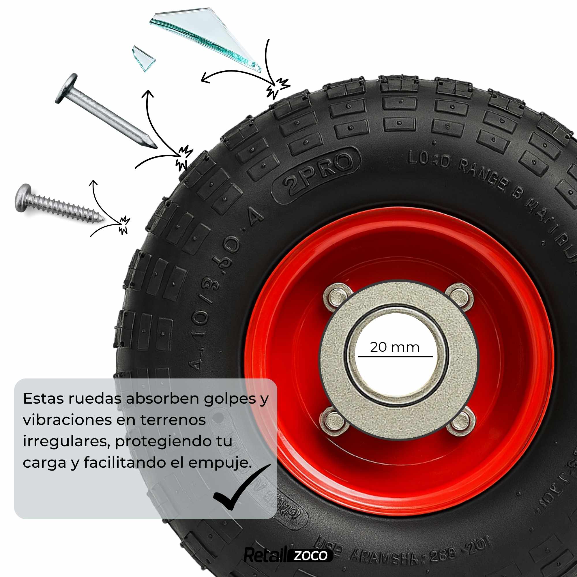 Rueda de carretilla inflable neumática Llanta de Acero 250 x 70 mm hasta 140 kg - imagen 4