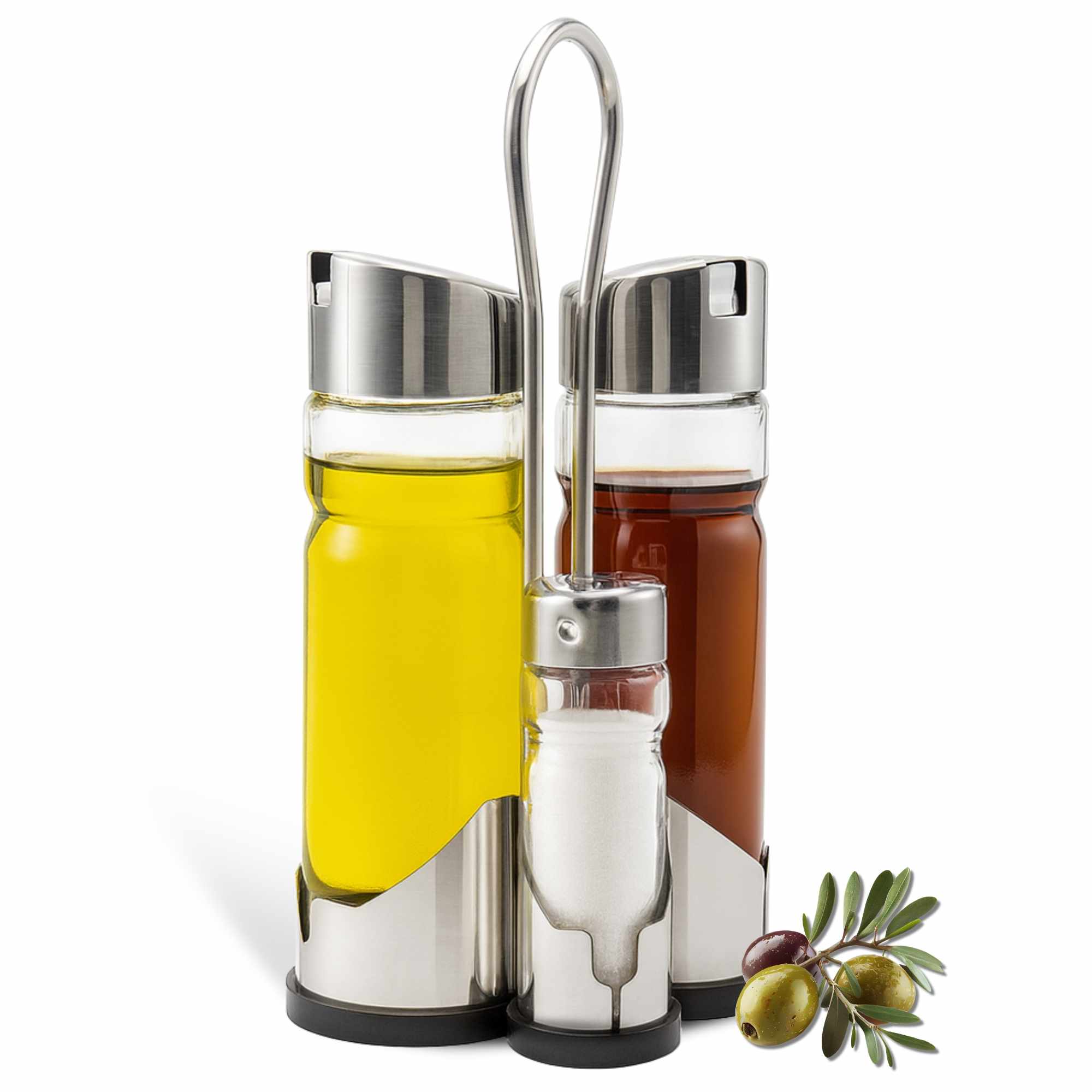 Set de aceitera vinagrera salero y pimentero de vidrio y acero inoxidable - imagen 1