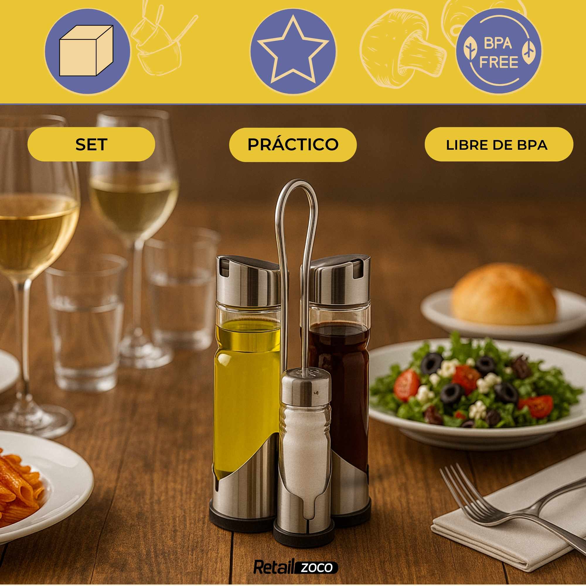 Set de aceitera vinagrera salero y pimentero de vidrio y acero inoxidable - imagen 2
