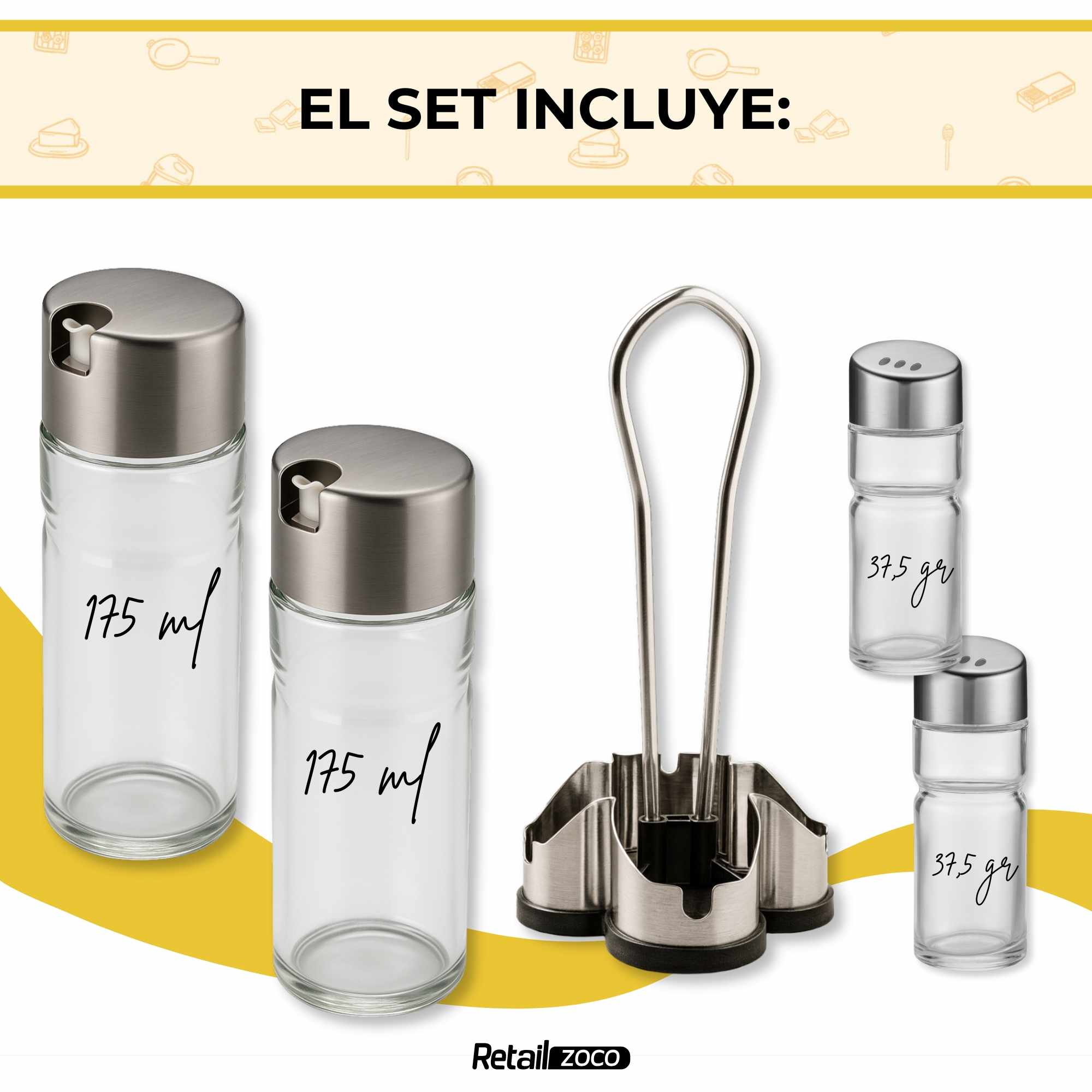 Set de aceitera vinagrera salero y pimentero de vidrio y acero inoxidable - imagen 6