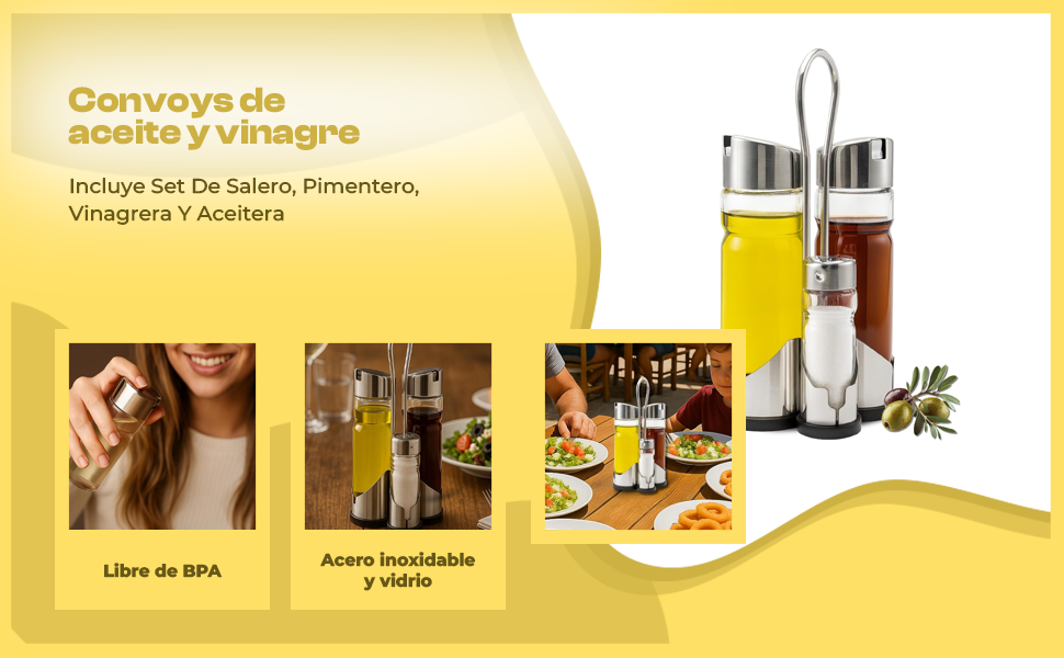 Banner - Set de aceitera vinagrera salero y pimentero de vidrio y acero inoxidable