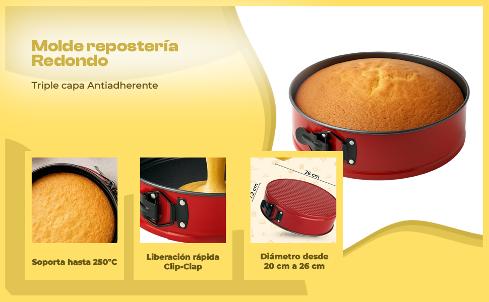 Banner - Molde para horno redondo Clip-Clap desmontable triple capa 26 cm Burdeos