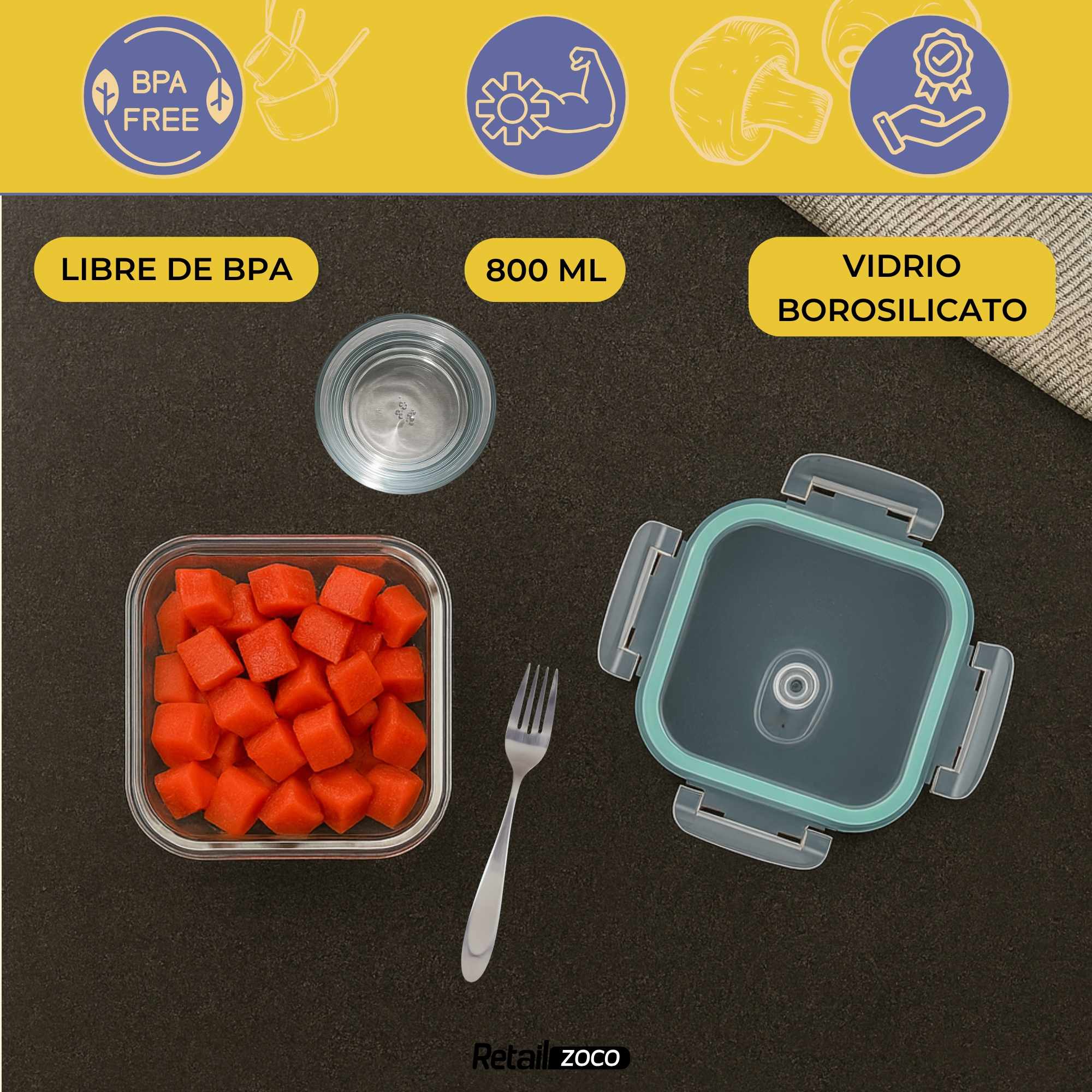 Fiambrera de Cristal con Cierre Hermético y Válvula de Vapor 800 ml - imagen 2