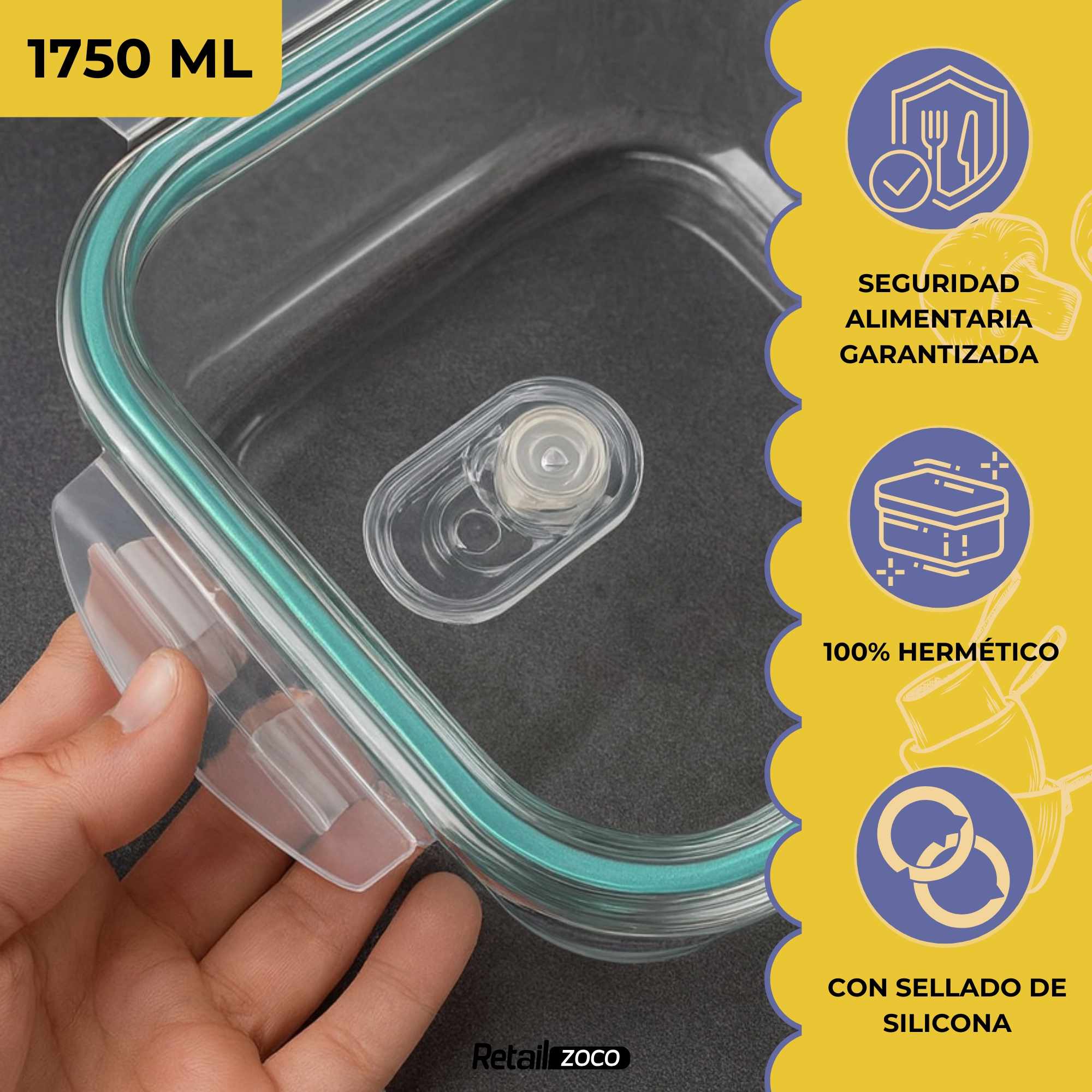 Fiambrera de Cristal con Cierre Hermético y Válvula de Vapor 1750  ml - imagen 3