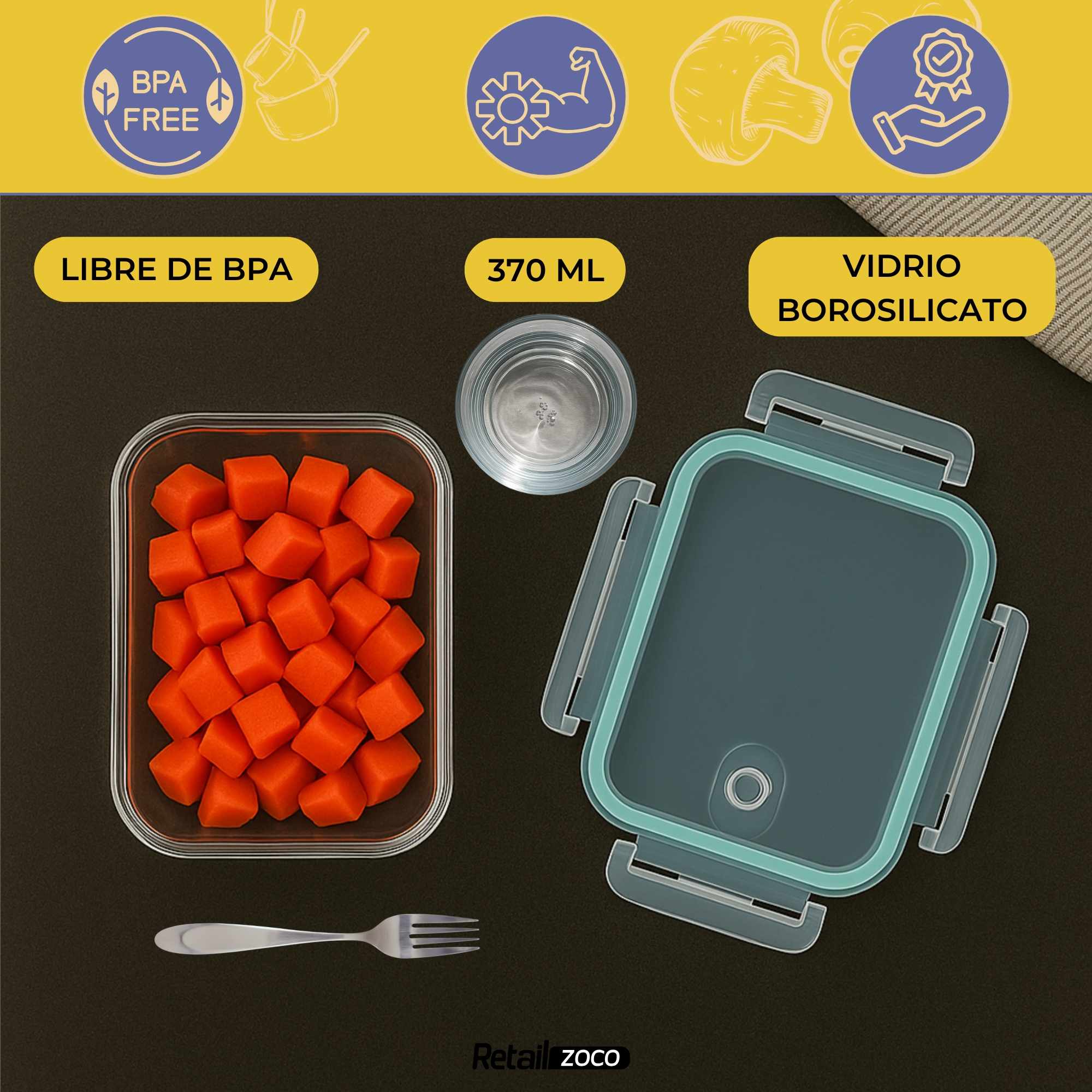 Fiambrera rectangular de Cristal con Cierre Hermético y Válvula de Vapor 370 ml - imagen 2