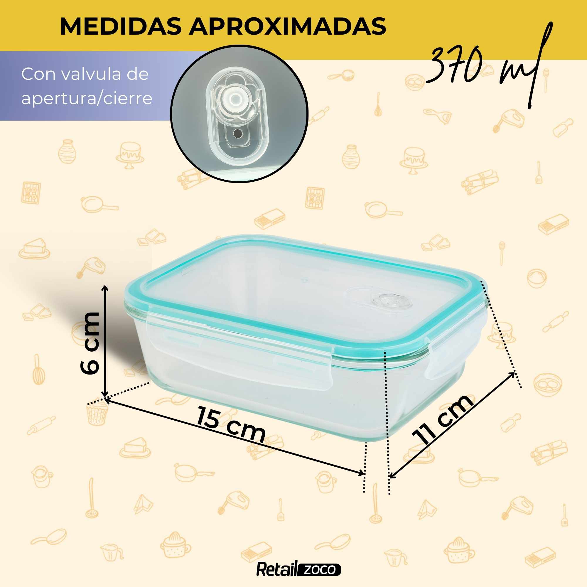 Fiambrera rectangular de Cristal con Cierre Hermético y Válvula de Vapor 370 ml - imagen 3