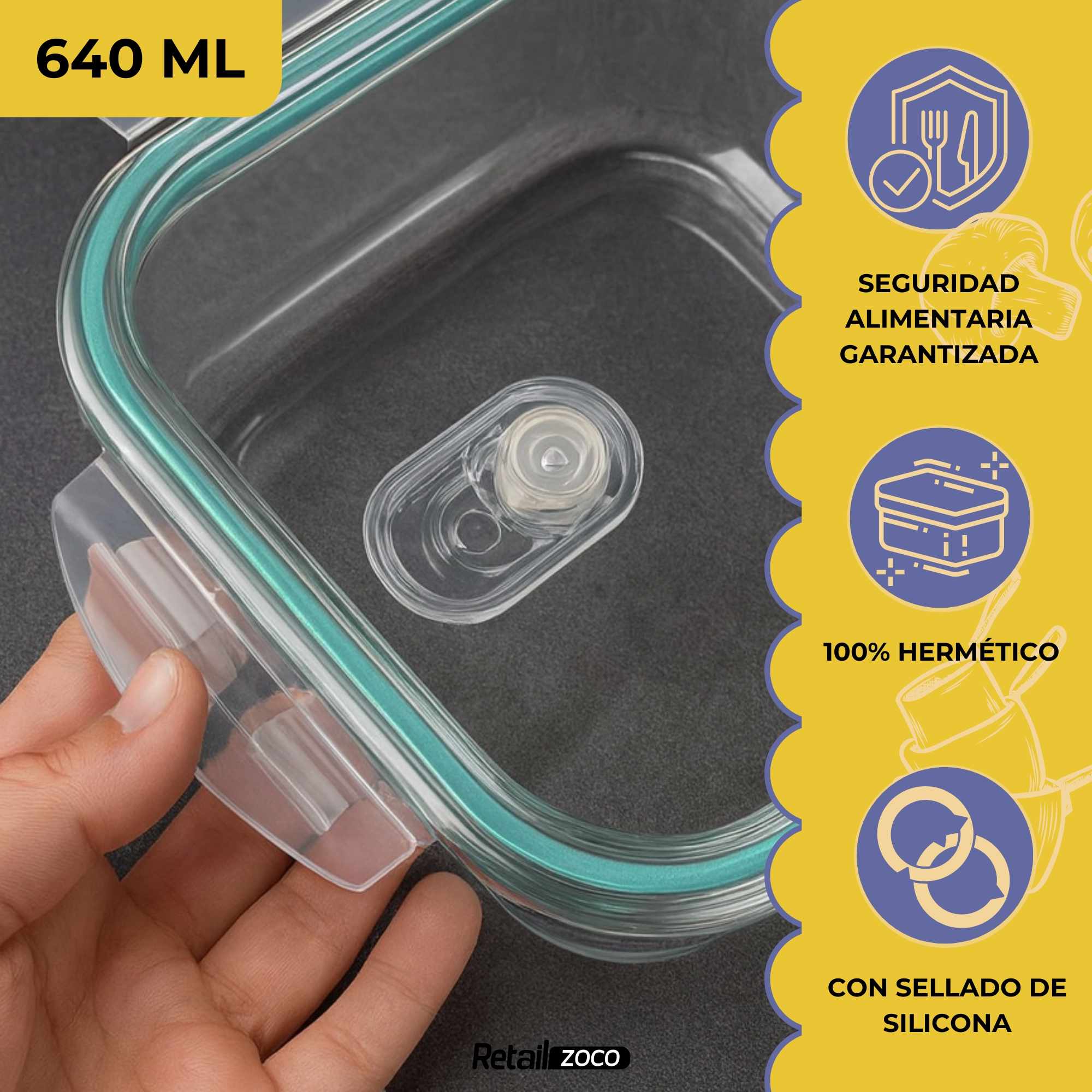 Fiambrera rectangular de Cristal con Cierre Hermético y Válvula de Vapor 640 ml - imagen 4