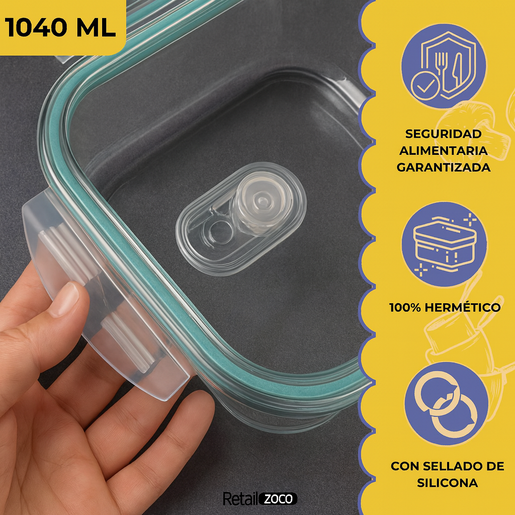 Fiambrera rectangular de Cristal con Cierre Hermético y Válvula de Vapor 1040 ml - imagen 2