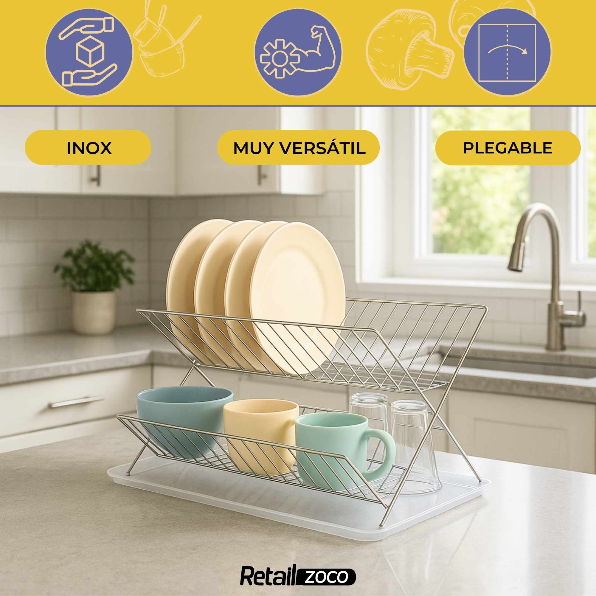 Escurreplatos metálico plegable con bandeja - imagen 2