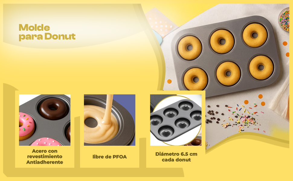 Banner - Molde para donuts con 6 cavidades de 6.5 cm diámetro